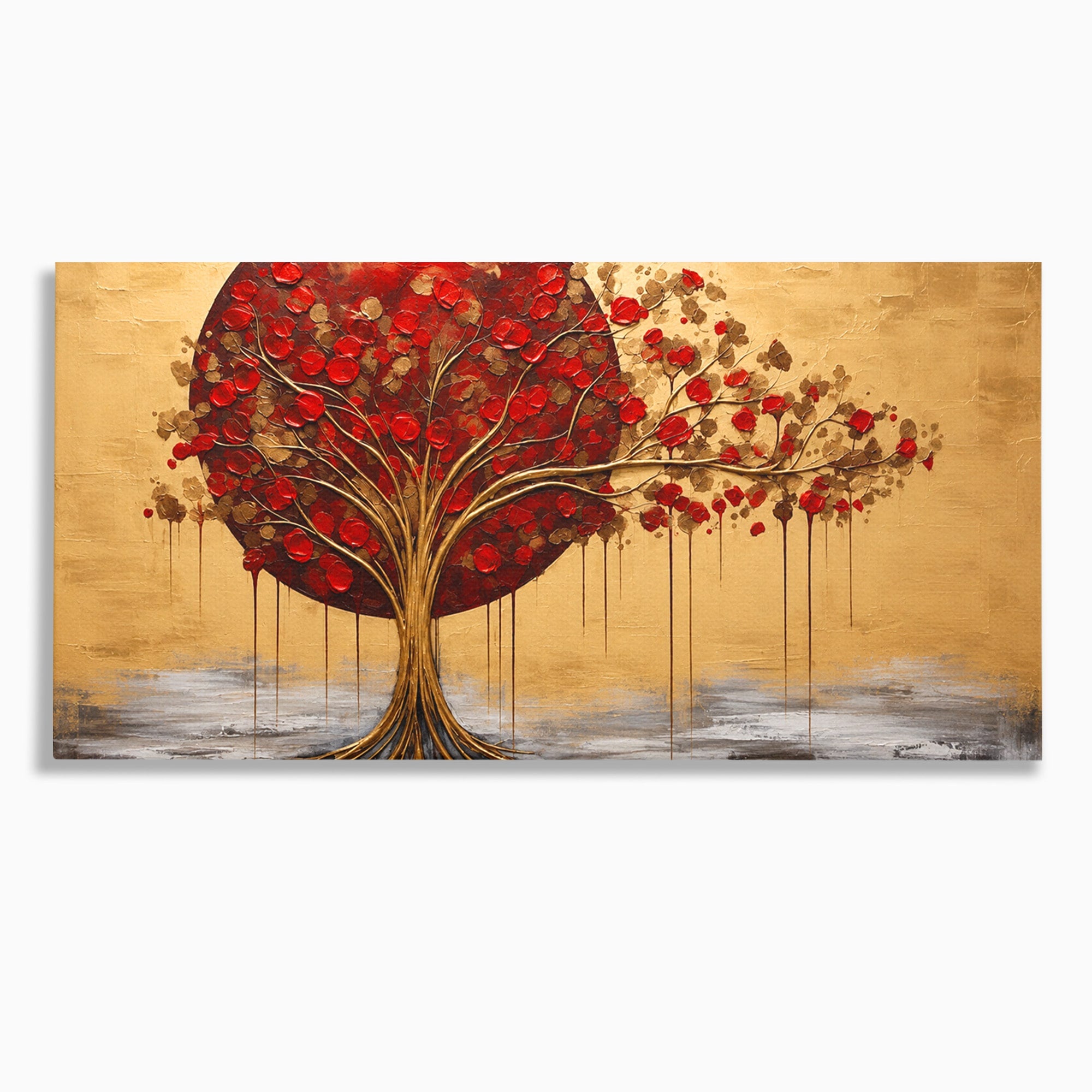 Tablou Canvas Premium LuxCanva® A1885, Copacul Rosu Pe Fundal Auriu, Copac, Abstract, Natura, Arta Contemporana, Living, Culori Vibrante