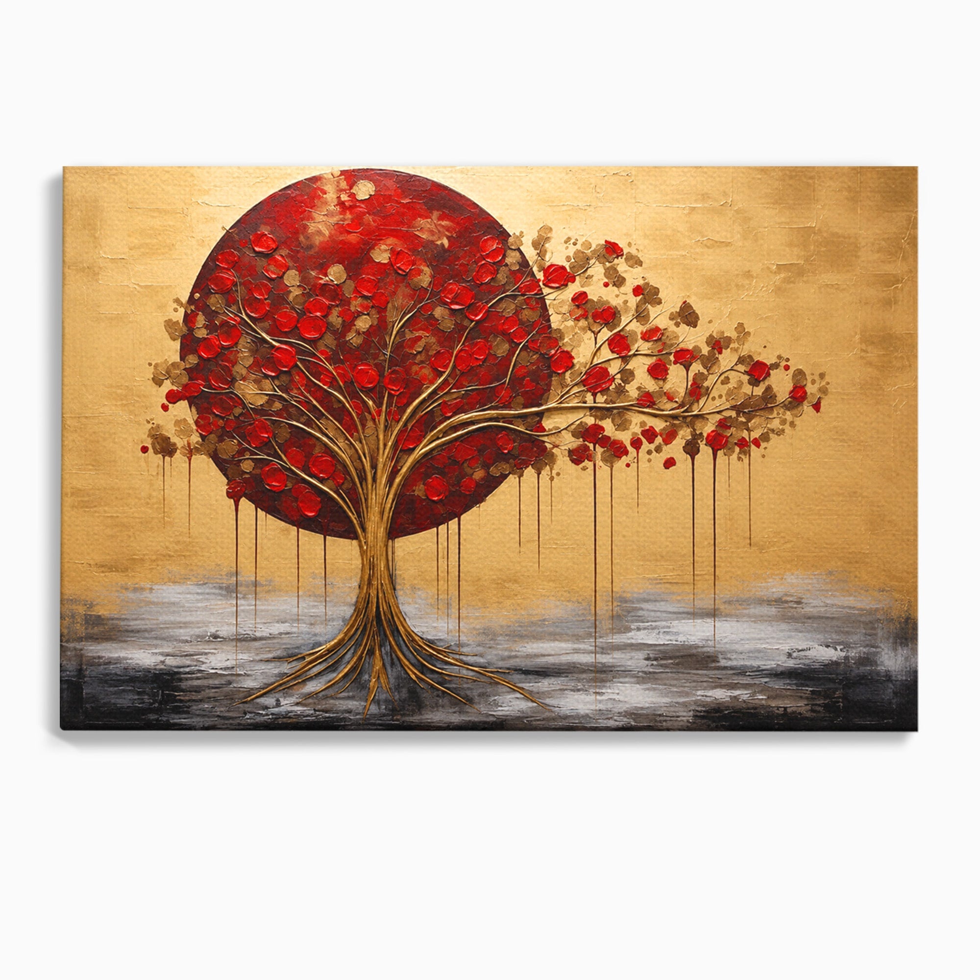 Tablou Canvas Premium LuxCanva® A1885, Copacul Rosu Pe Fundal Auriu, Copac, Abstract, Natura, Arta Contemporana, Living, Culori Vibrante