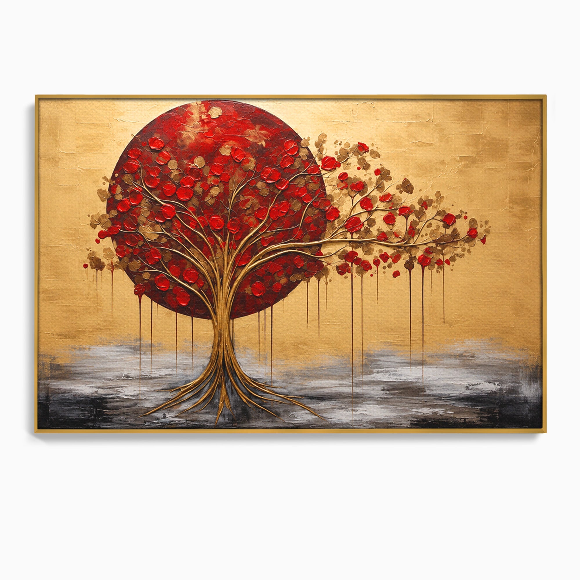 Tablou Canvas Premium LuxCanva® A1885, Copacul Rosu Pe Fundal Auriu, Copac, Abstract, Natura, Arta Contemporana, Living, Culori Vibrante
