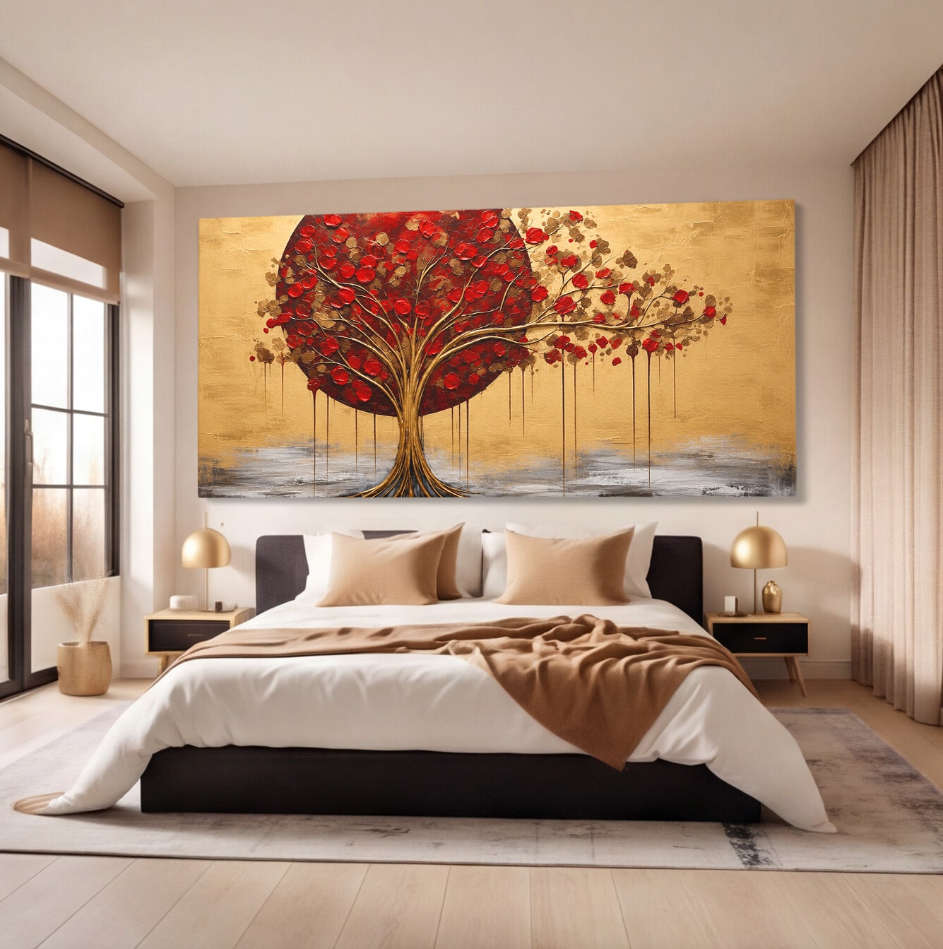 Tablou Canvas Premium LuxCanva® A1885, Copacul Rosu Pe Fundal Auriu, Copac, Abstract, Natura, Arta Contemporana, Living, Culori Vibrante