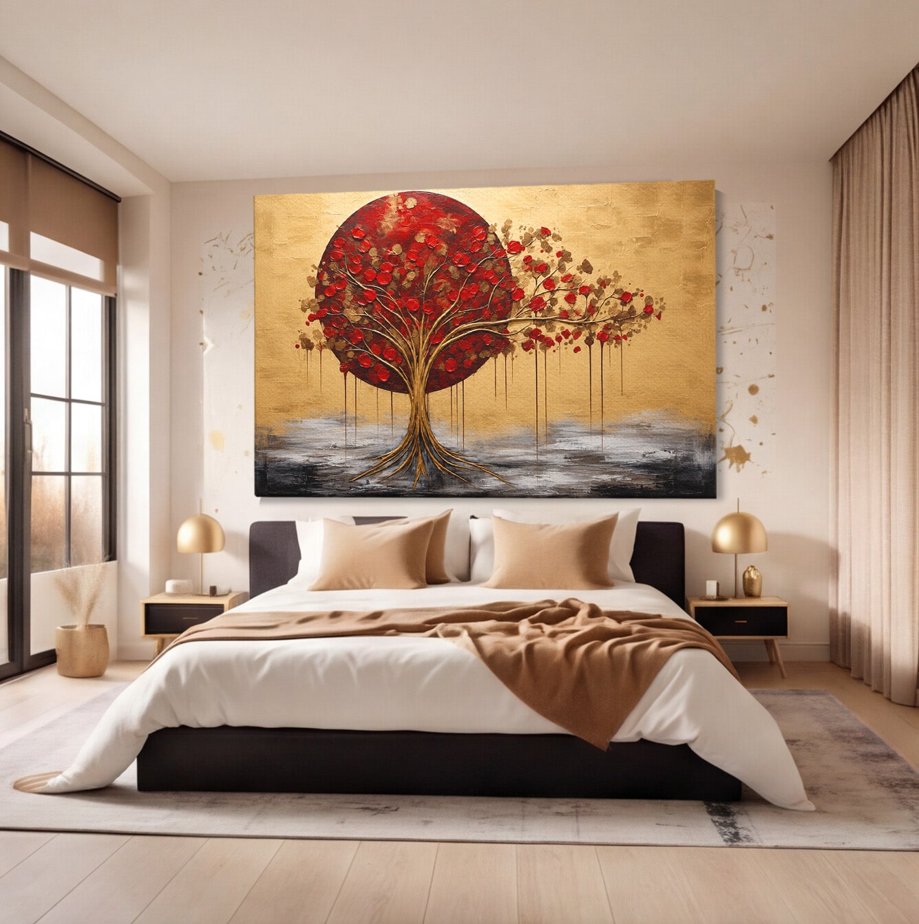 Tablou Canvas Premium LuxCanva® A1885, Copacul Rosu Pe Fundal Auriu, Copac, Abstract, Natura, Arta Contemporana, Living, Culori Vibrante