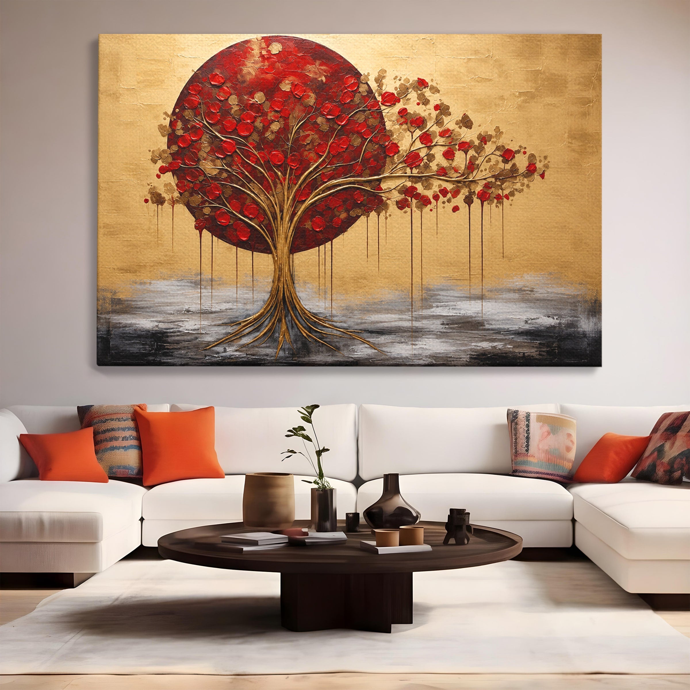 Tablou Canvas Premium LuxCanva® A1885, Copacul Rosu Pe Fundal Auriu, Copac, Abstract, Natura, Arta Contemporana, Living, Culori Vibrante