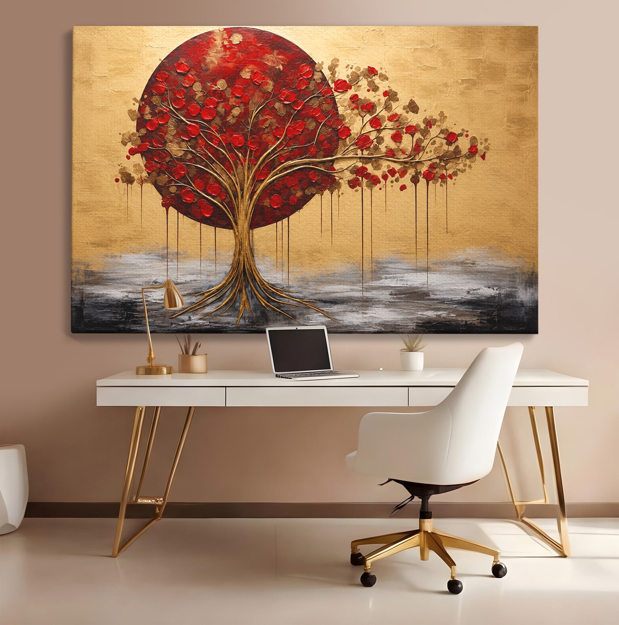 Tablou Canvas Premium LuxCanva® A1885, Copacul Rosu Pe Fundal Auriu, Copac, Abstract, Natura, Arta Contemporana, Living, Culori Vibrante