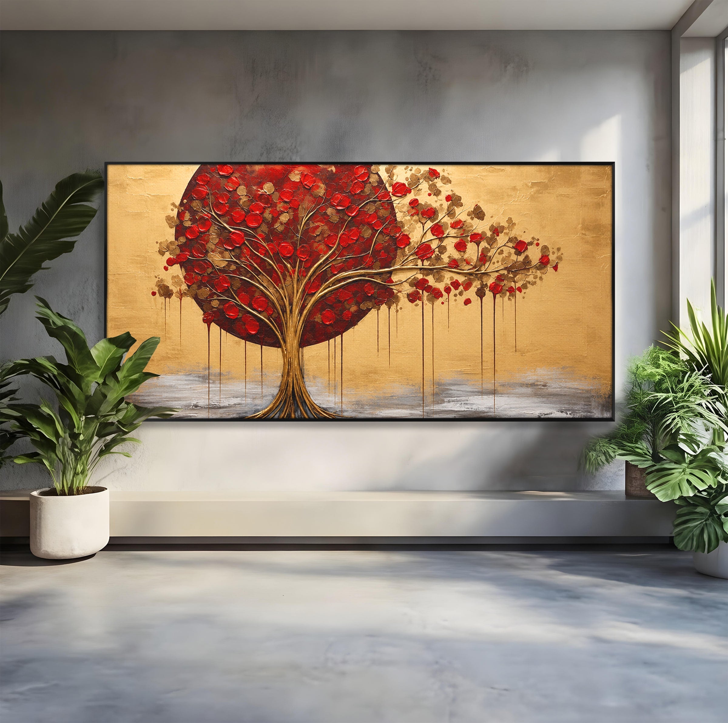 Tablou Canvas Premium LuxCanva® A1885, Copacul Rosu Pe Fundal Auriu, Copac, Abstract, Natura, Arta Contemporana, Living, Culori Vibrante
