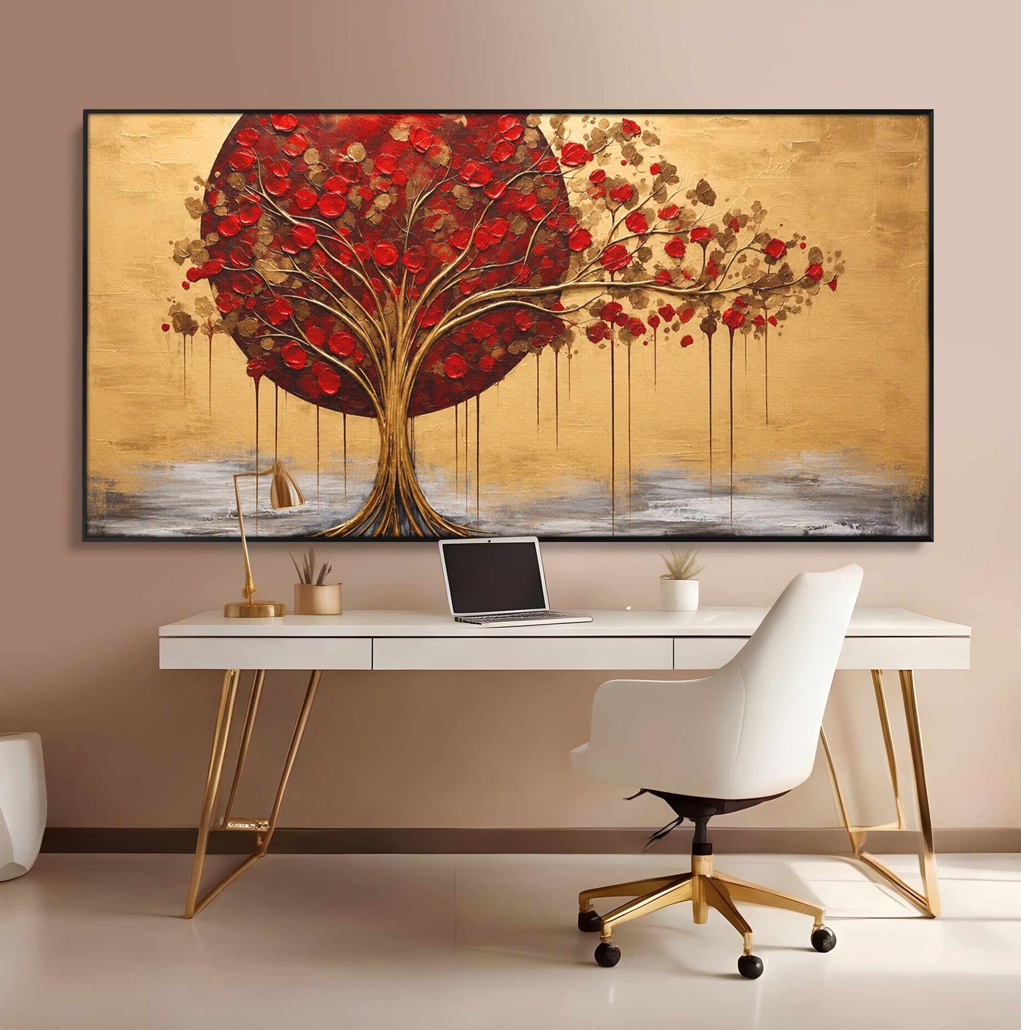 Tablou Canvas Premium LuxCanva® A1885, Copacul Rosu Pe Fundal Auriu, Copac, Abstract, Natura, Arta Contemporana, Living, Culori Vibrante