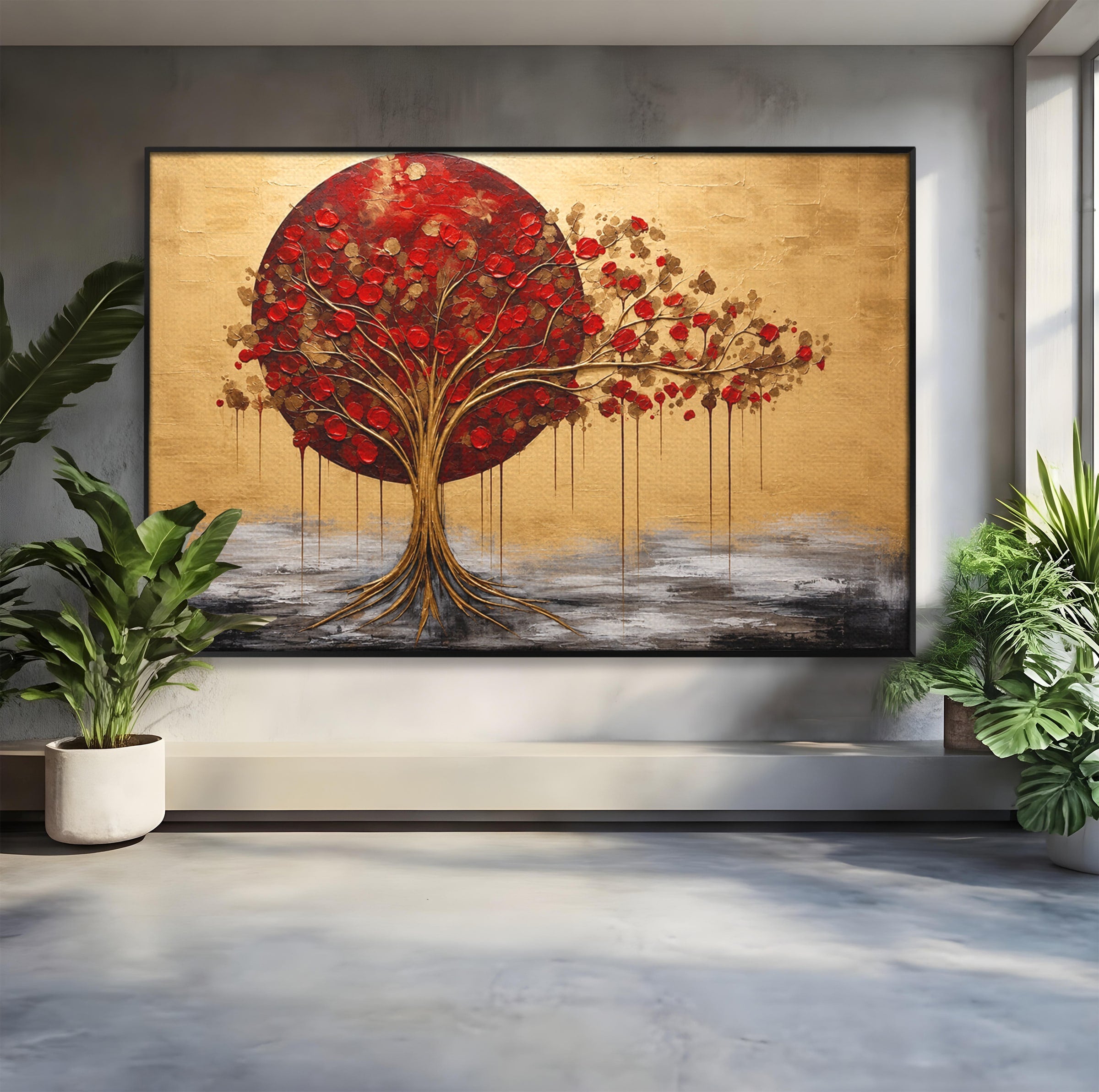 Tablou Canvas Premium LuxCanva® A1885, Copacul Rosu Pe Fundal Auriu, Copac, Abstract, Natura, Arta Contemporana, Living, Culori Vibrante