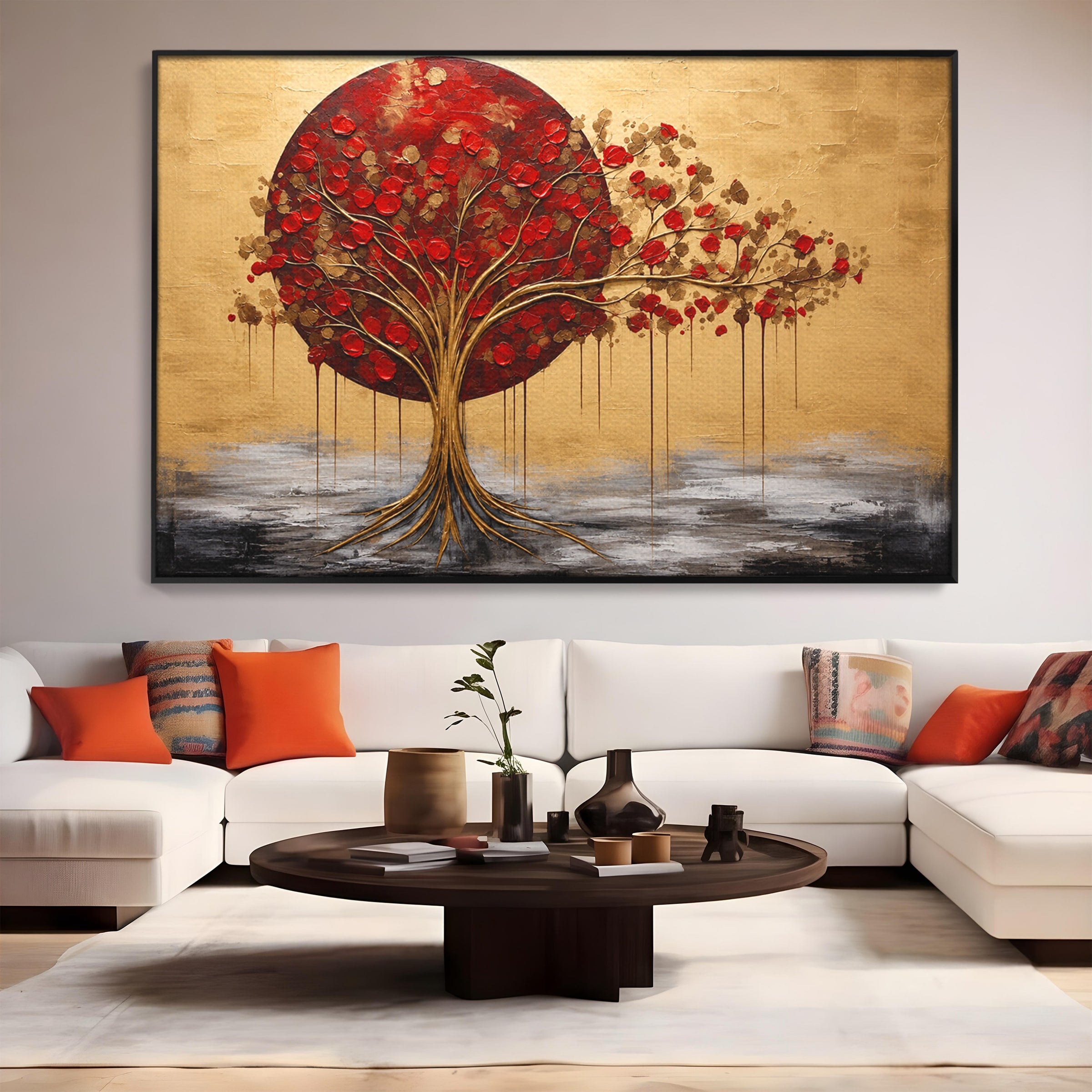 Tablou Canvas Premium LuxCanva® A1885, Copacul Rosu Pe Fundal Auriu, Copac, Abstract, Natura, Arta Contemporana, Living, Culori Vibrante