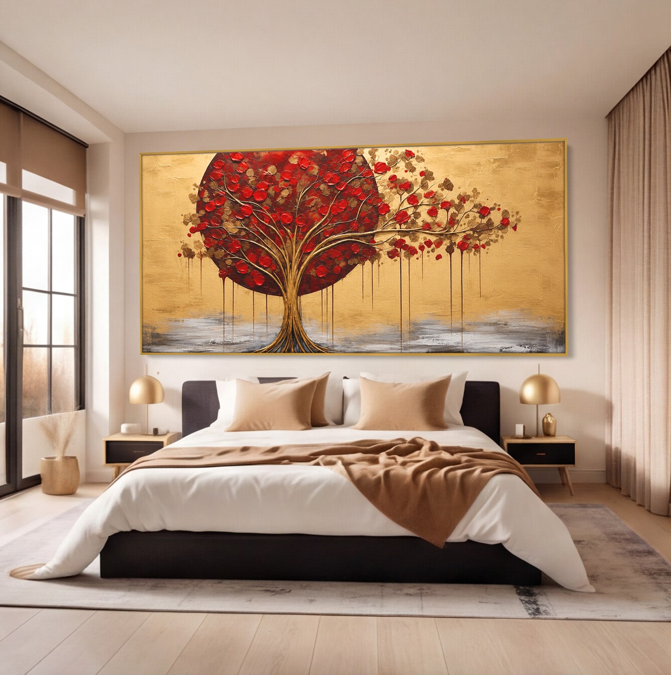 Tablou Canvas Premium LuxCanva® A1885, Copacul Rosu Pe Fundal Auriu, Copac, Abstract, Natura, Arta Contemporana, Living, Culori Vibrante
