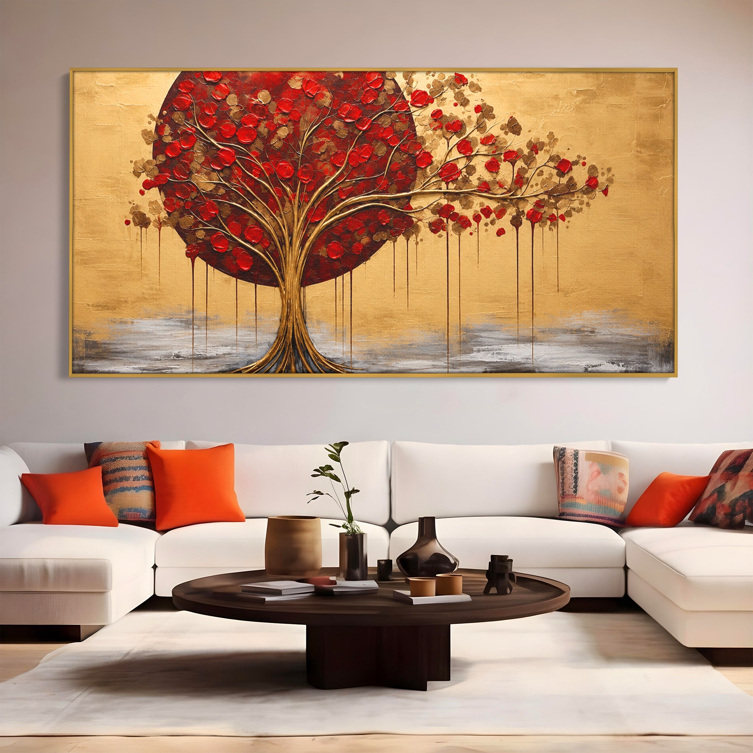 Tablou Canvas Premium LuxCanva® A1885, Copacul Rosu Pe Fundal Auriu, Copac, Abstract, Natura, Arta Contemporana, Living, Culori Vibrante