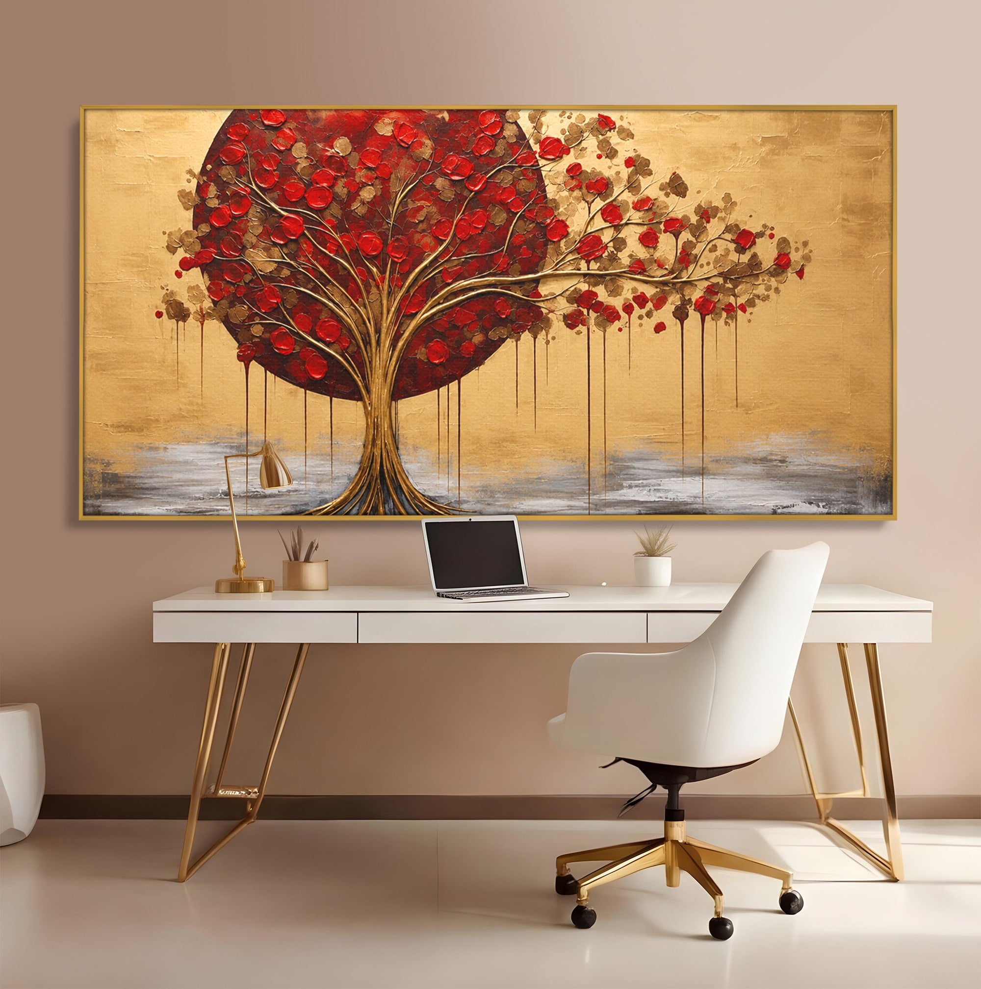 Tablou Canvas Premium LuxCanva® A1885, Copacul Rosu Pe Fundal Auriu, Copac, Abstract, Natura, Arta Contemporana, Living, Culori Vibrante