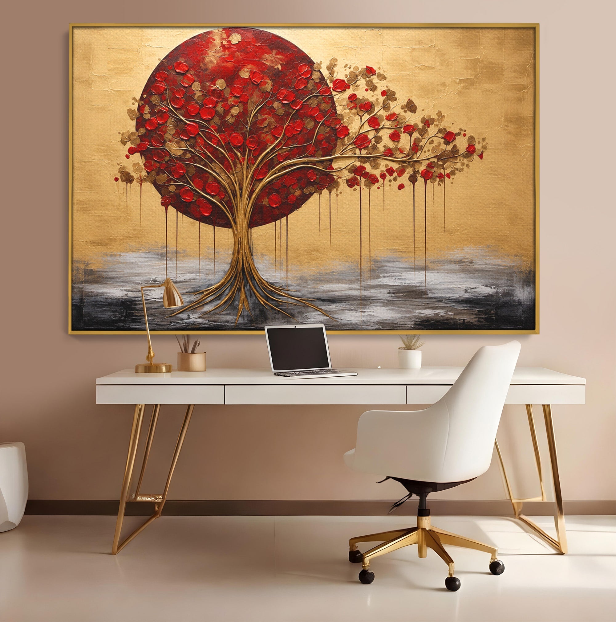 Tablou Canvas Premium LuxCanva® A1885, Copacul Rosu Pe Fundal Auriu, Copac, Abstract, Natura, Arta Contemporana, Living, Culori Vibrante