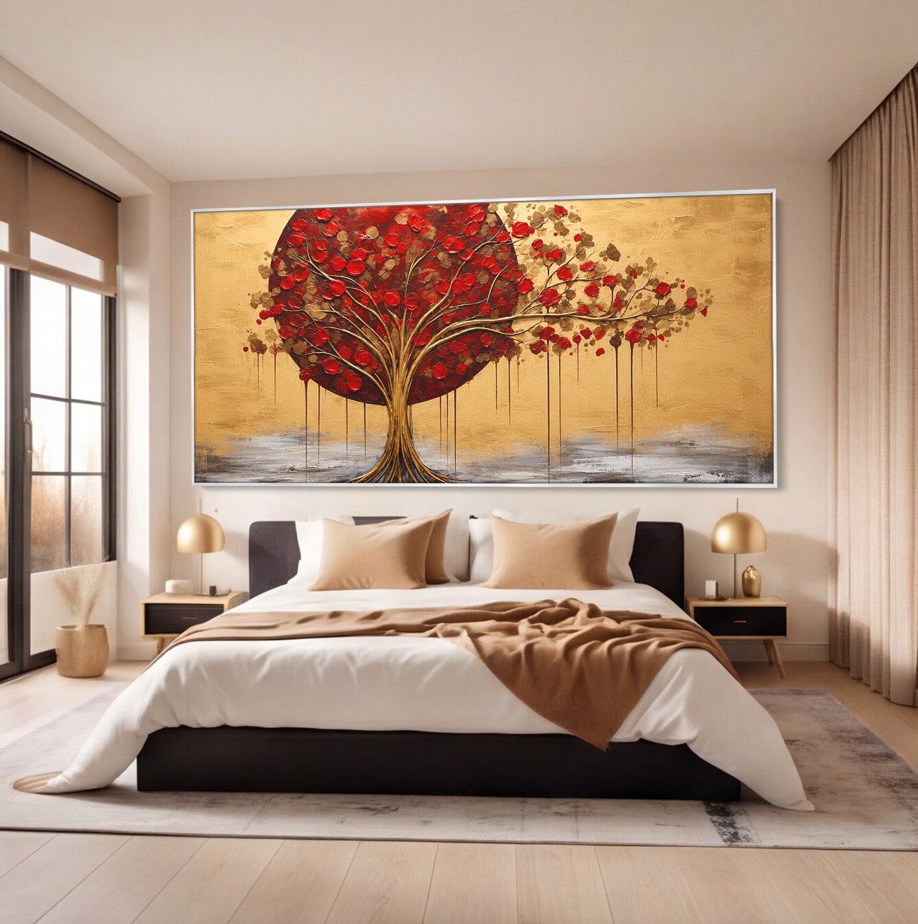 Tablou Canvas Premium LuxCanva® A1885, Copacul Rosu Pe Fundal Auriu, Copac, Abstract, Natura, Arta Contemporana, Living, Culori Vibrante