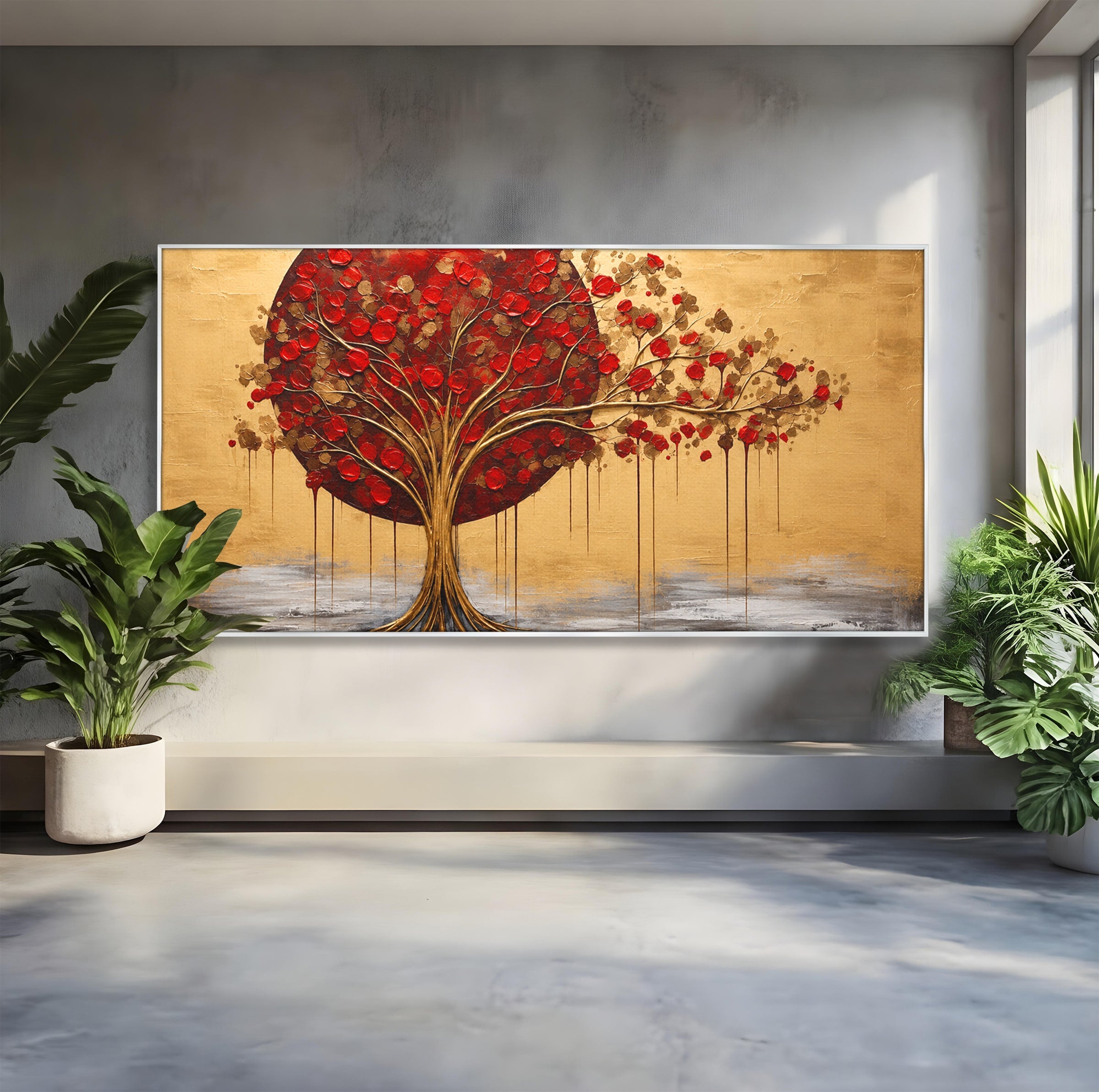 Tablou Canvas Premium LuxCanva® A1885, Copacul Rosu Pe Fundal Auriu, Copac, Abstract, Natura, Arta Contemporana, Living, Culori Vibrante