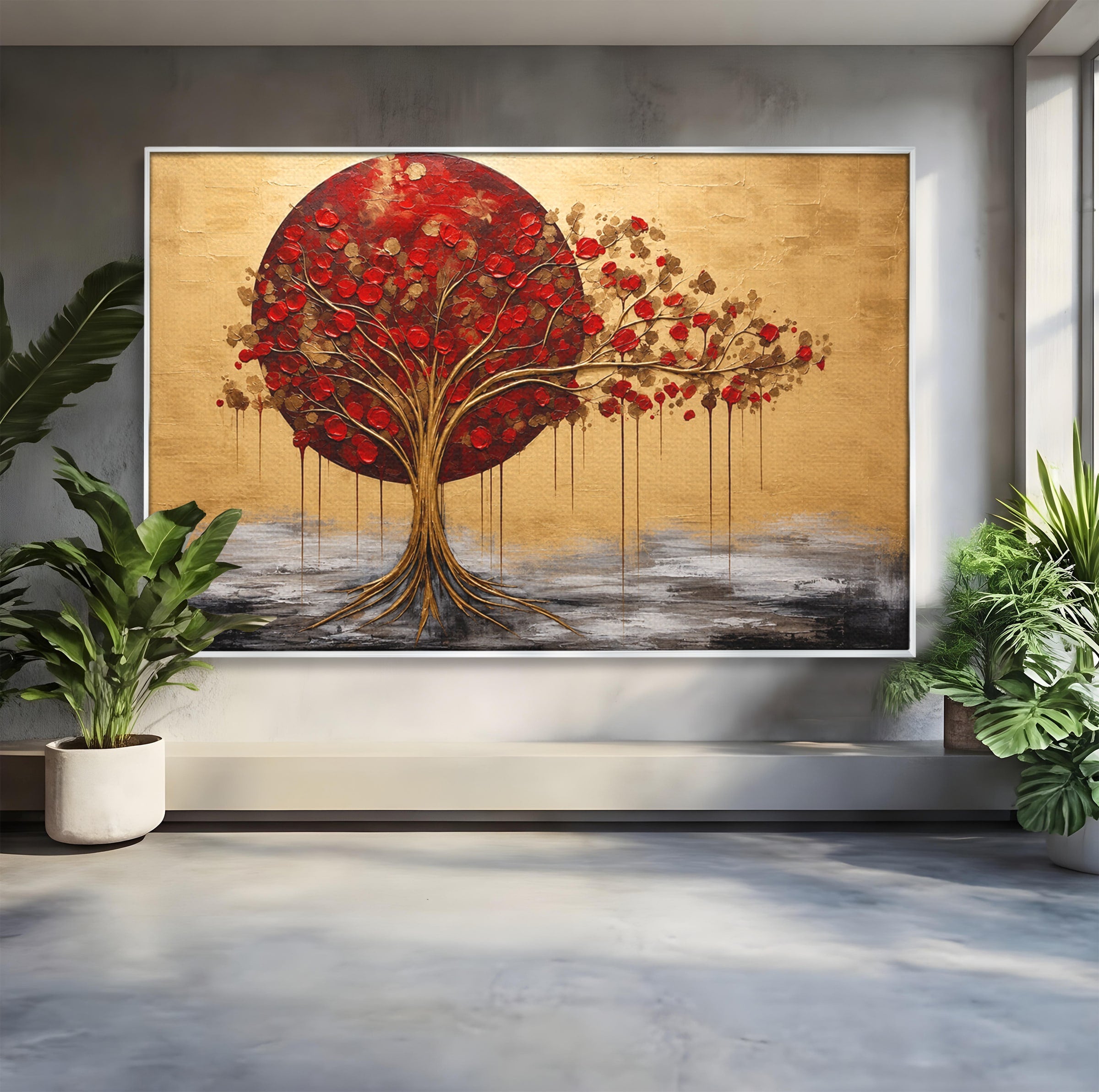 Tablou Canvas Premium LuxCanva® A1885, Copacul Rosu Pe Fundal Auriu, Copac, Abstract, Natura, Arta Contemporana, Living, Culori Vibrante
