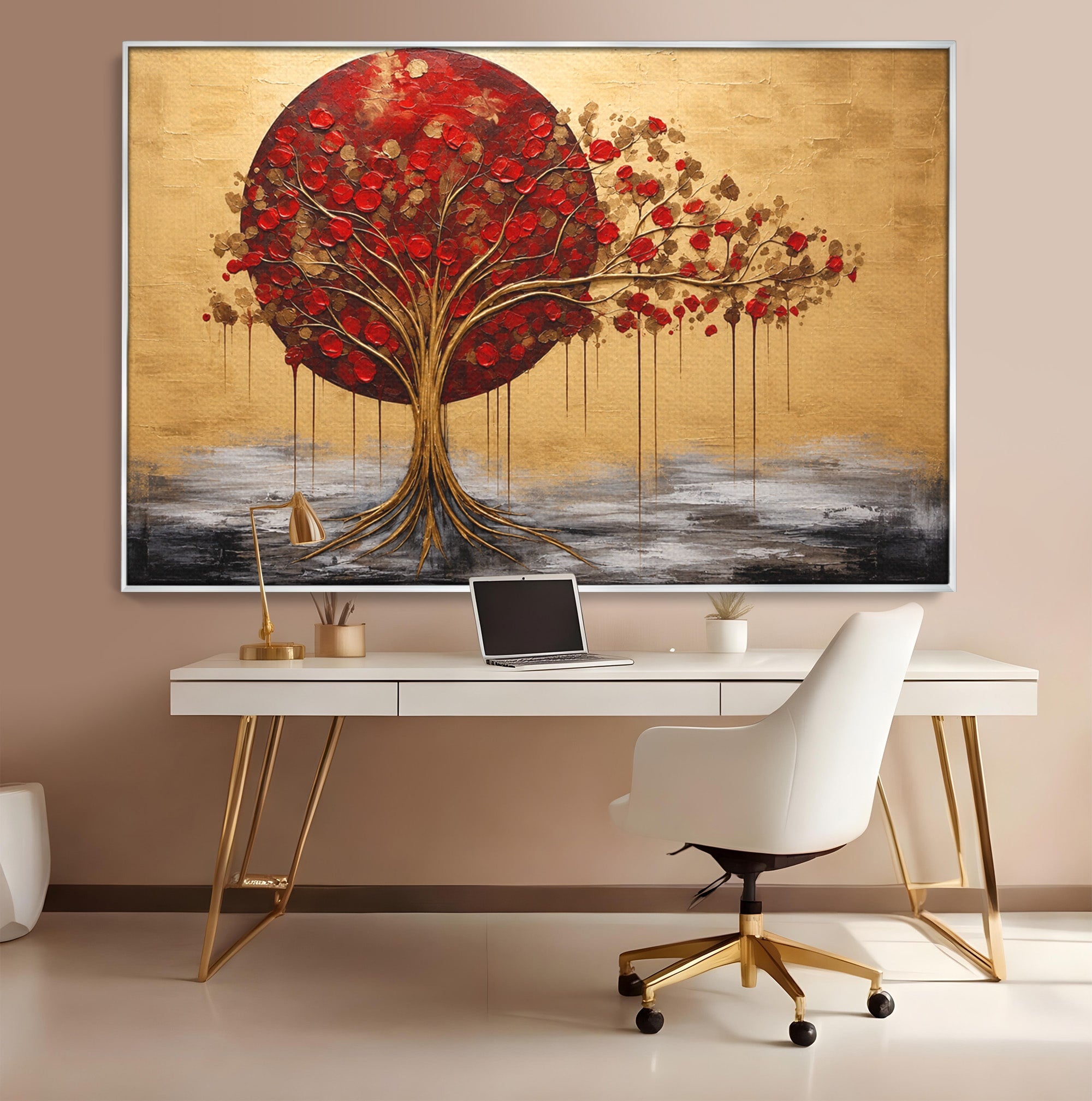 Tablou Canvas Premium LuxCanva® A1885, Copacul Rosu Pe Fundal Auriu, Copac, Abstract, Natura, Arta Contemporana, Living, Culori Vibrante