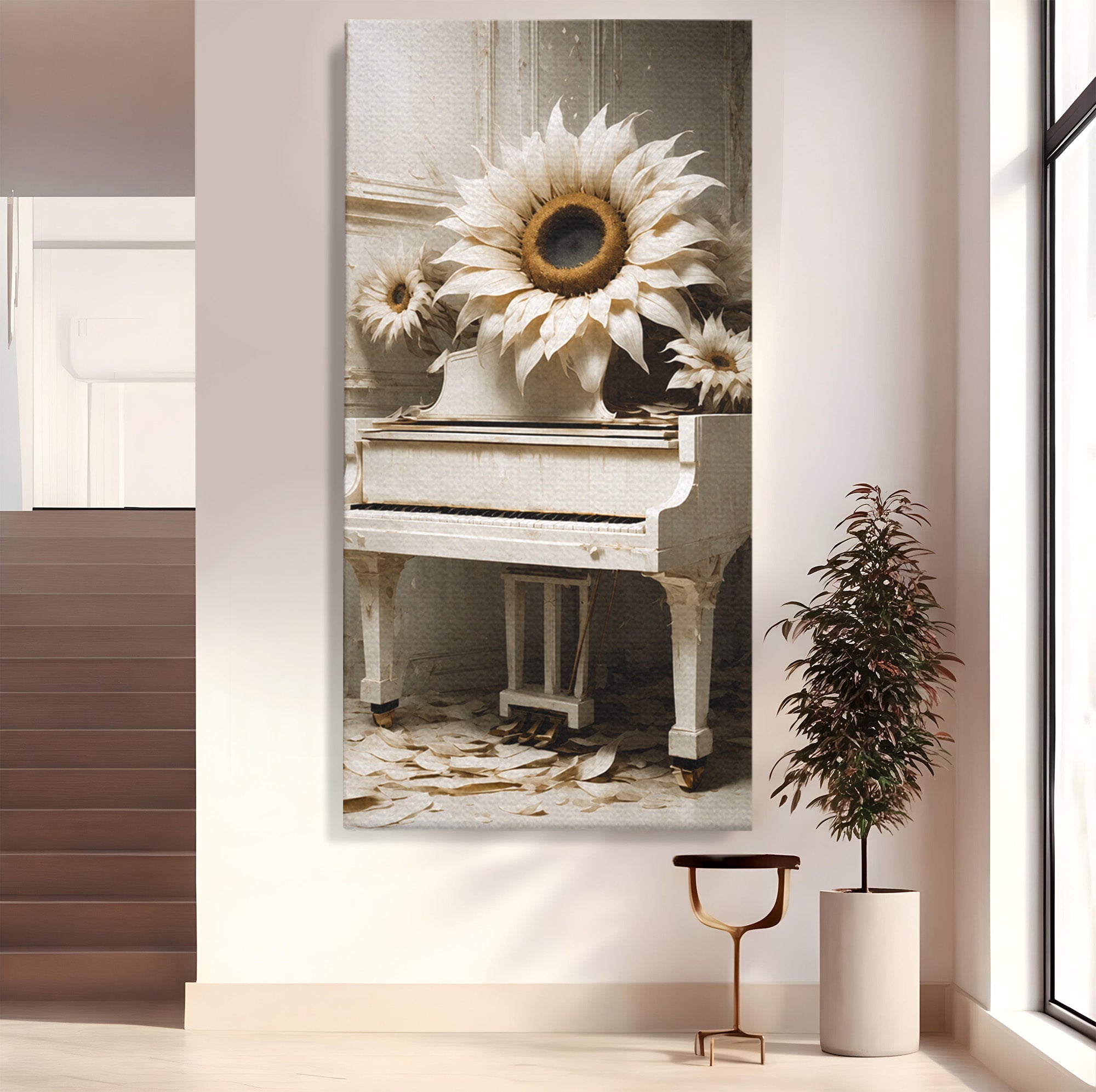 Tablou Canvas Premium LuxCanva® A1886, Pianul Cu Floarea Soarelui, Pian, Floarea Soarelui, Instrument Muzical, Floral, Living, Dormitor, Culori Vibrante
