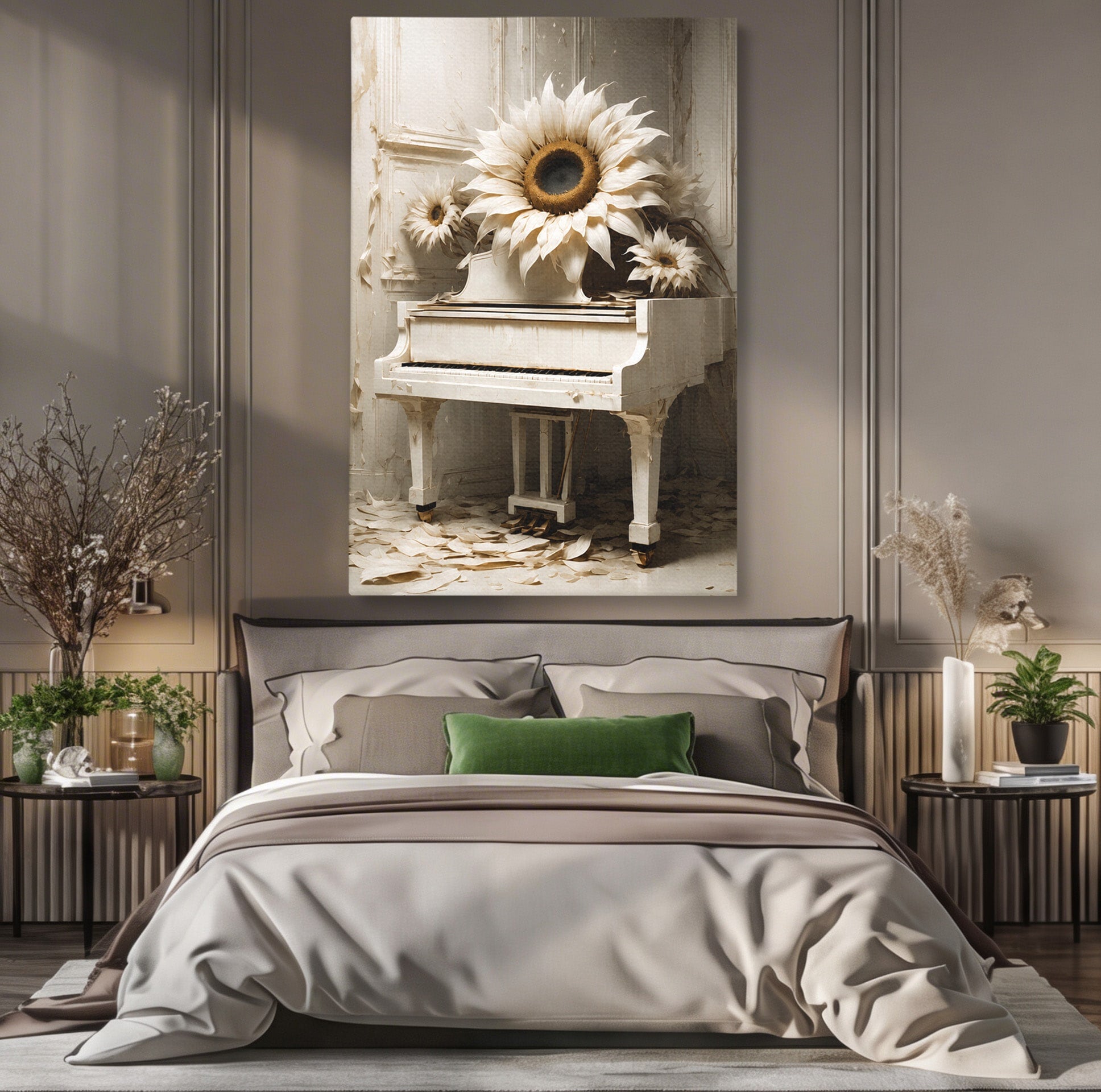 Tablou Canvas Premium LuxCanva® A1886, Pianul Cu Floarea Soarelui, Pian, Floarea Soarelui, Instrument Muzical, Floral, Living, Dormitor, Culori Vibrante