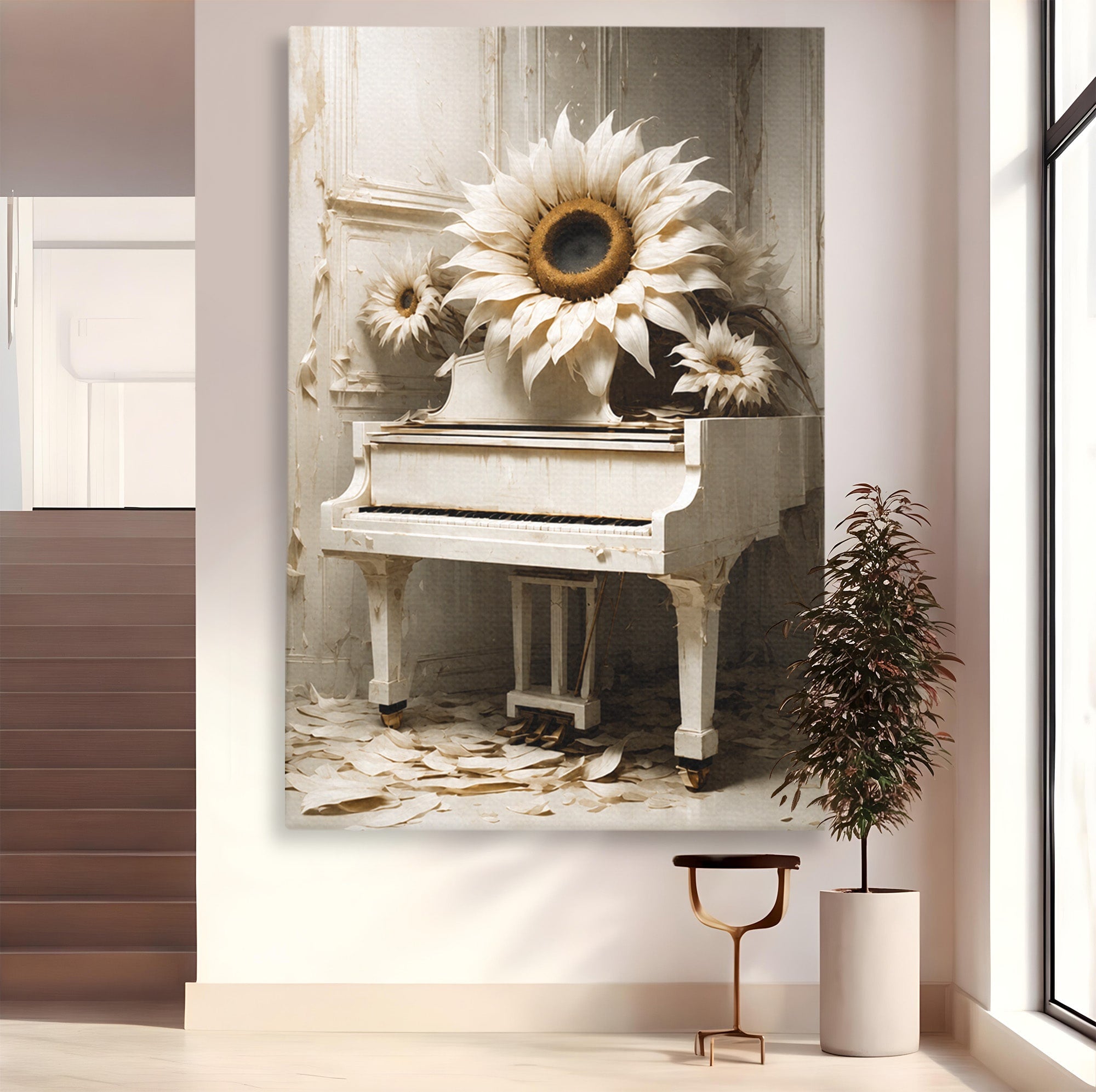 Tablou Canvas Premium LuxCanva® A1886, Pianul Cu Floarea Soarelui, Pian, Floarea Soarelui, Instrument Muzical, Floral, Living, Dormitor, Culori Vibrante