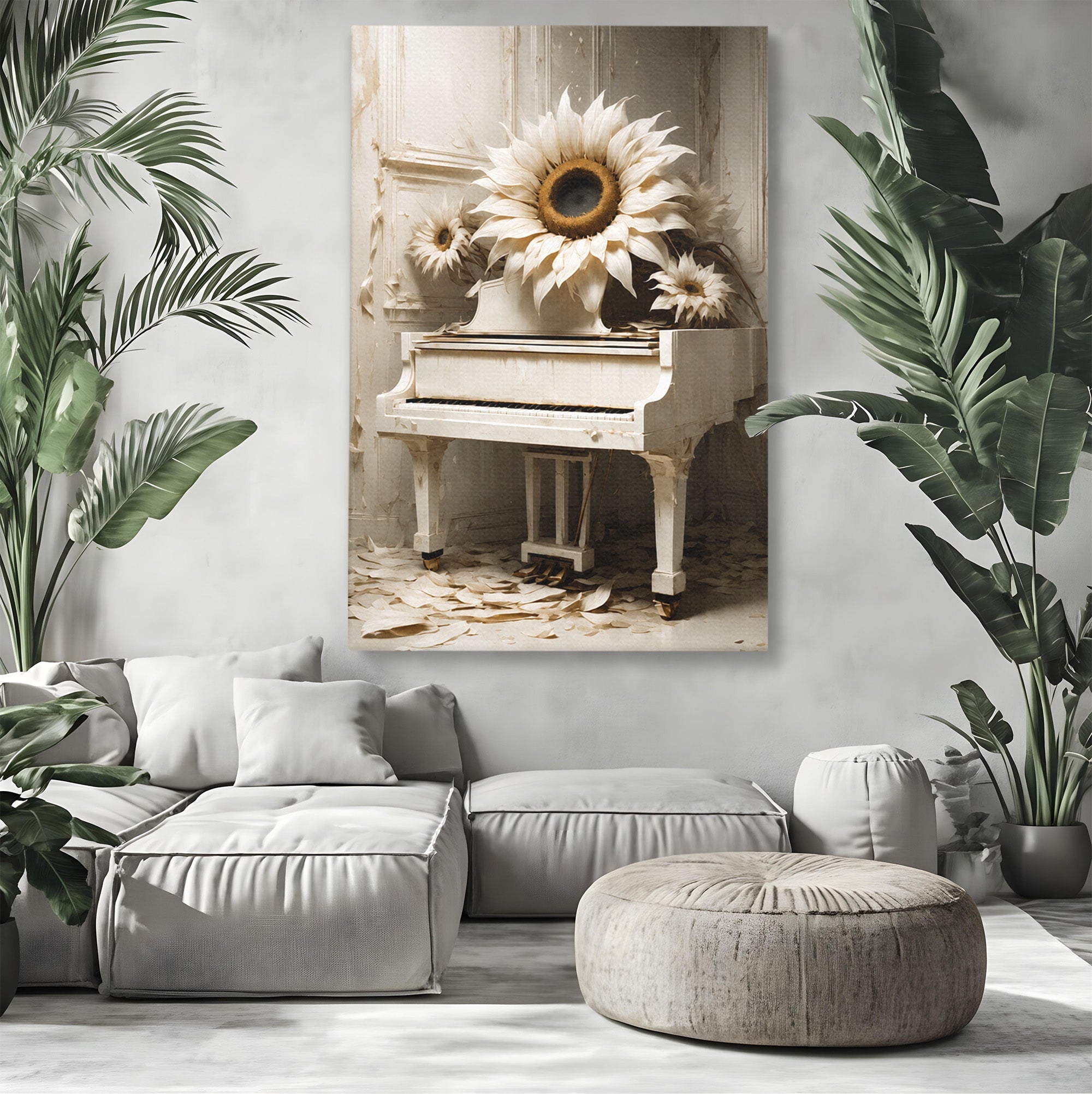 Tablou Canvas Premium LuxCanva® A1886, Pianul Cu Floarea Soarelui, Pian, Floarea Soarelui, Instrument Muzical, Floral, Living, Dormitor, Culori Vibrante