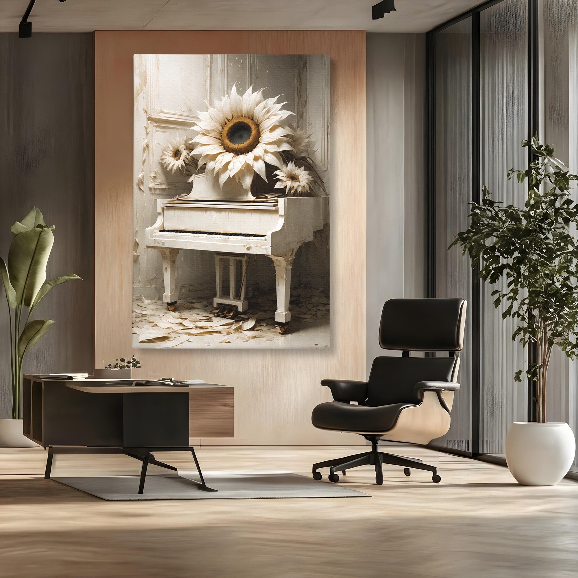 Tablou Canvas Premium LuxCanva® A1886, Pianul Cu Floarea Soarelui, Pian, Floarea Soarelui, Instrument Muzical, Floral, Living, Dormitor, Culori Vibrante