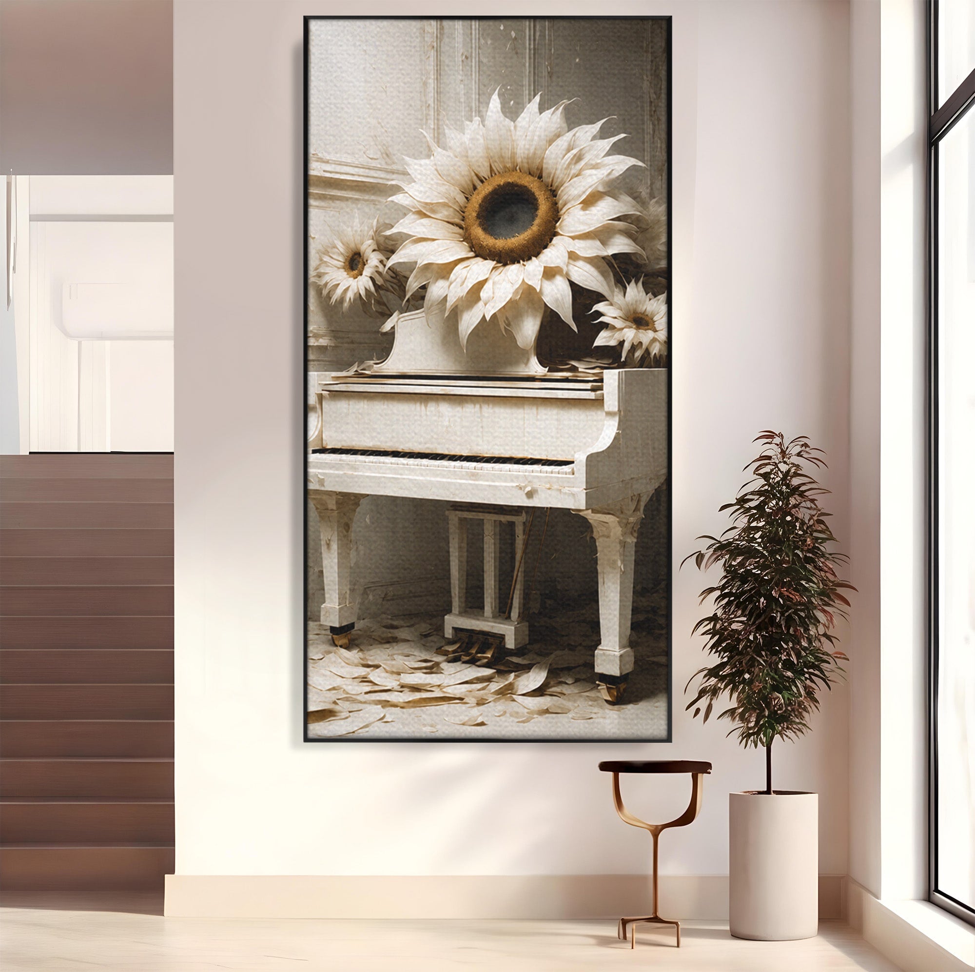 Tablou Canvas Premium LuxCanva® A1886, Pianul Cu Floarea Soarelui, Pian, Floarea Soarelui, Instrument Muzical, Floral, Living, Dormitor, Culori Vibrante