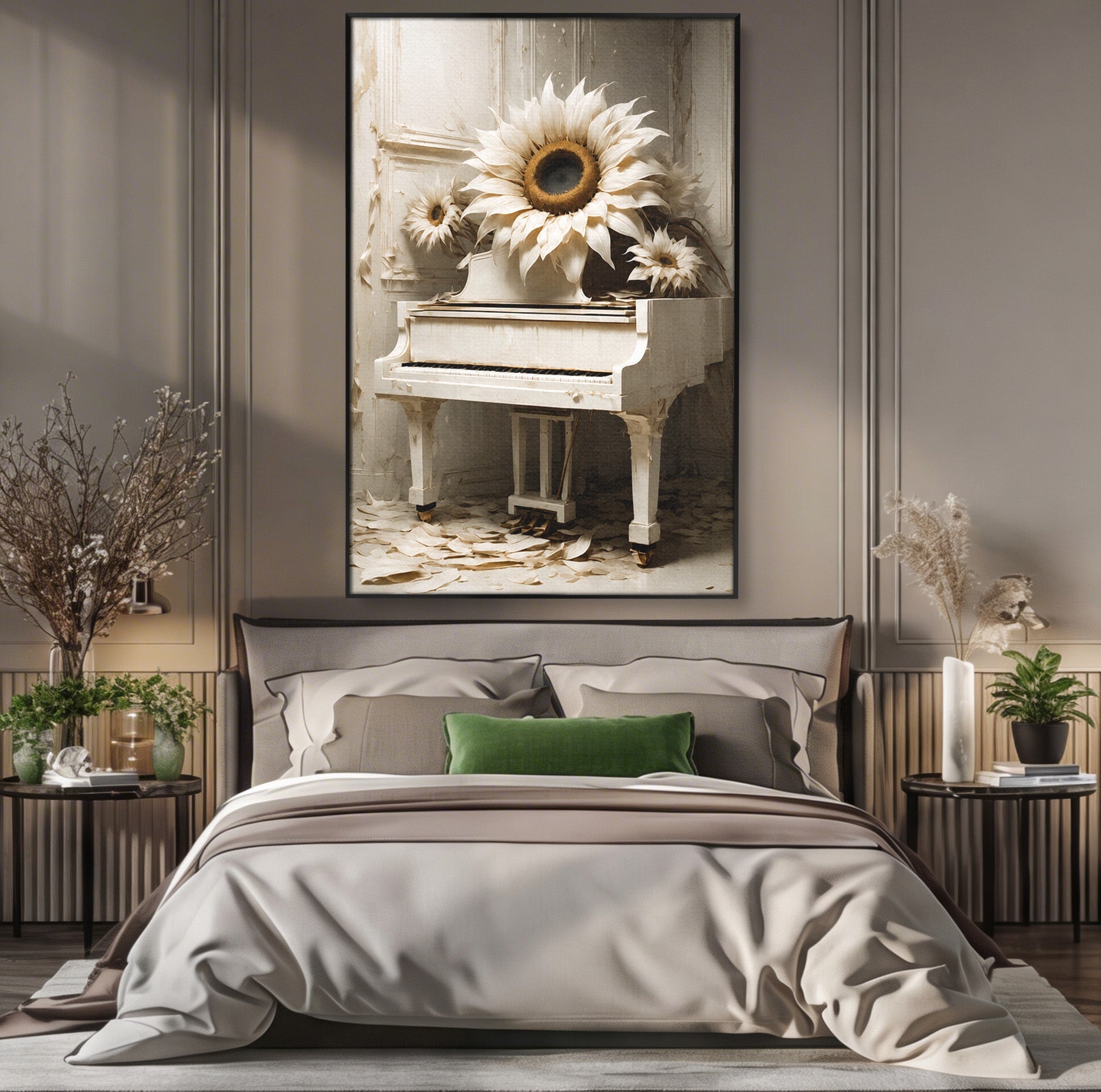 Tablou Canvas Premium LuxCanva® A1886, Pianul Cu Floarea Soarelui, Pian, Floarea Soarelui, Instrument Muzical, Floral, Living, Dormitor, Culori Vibrante