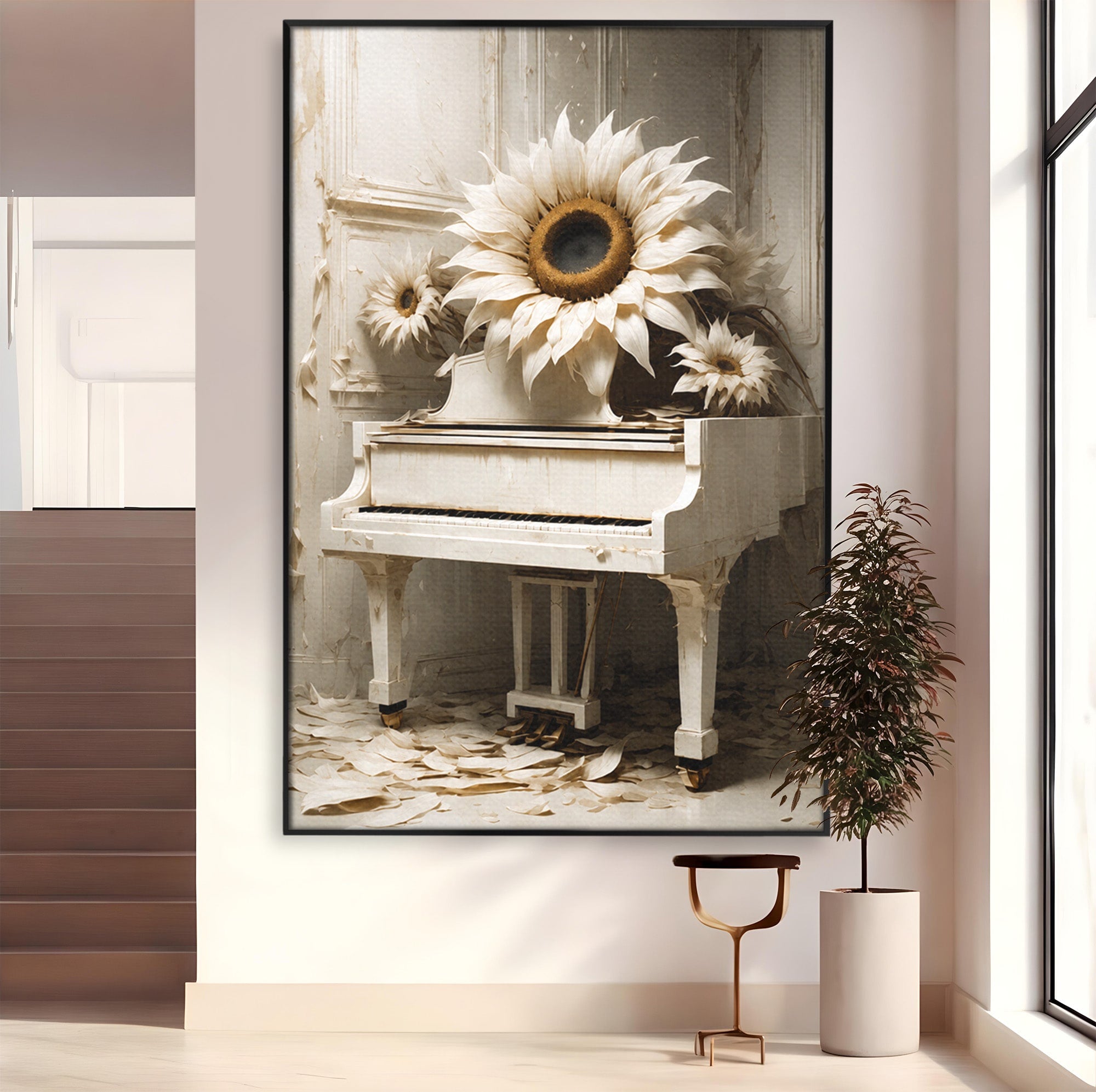 Tablou Canvas Premium LuxCanva® A1886, Pianul Cu Floarea Soarelui, Pian, Floarea Soarelui, Instrument Muzical, Floral, Living, Dormitor, Culori Vibrante