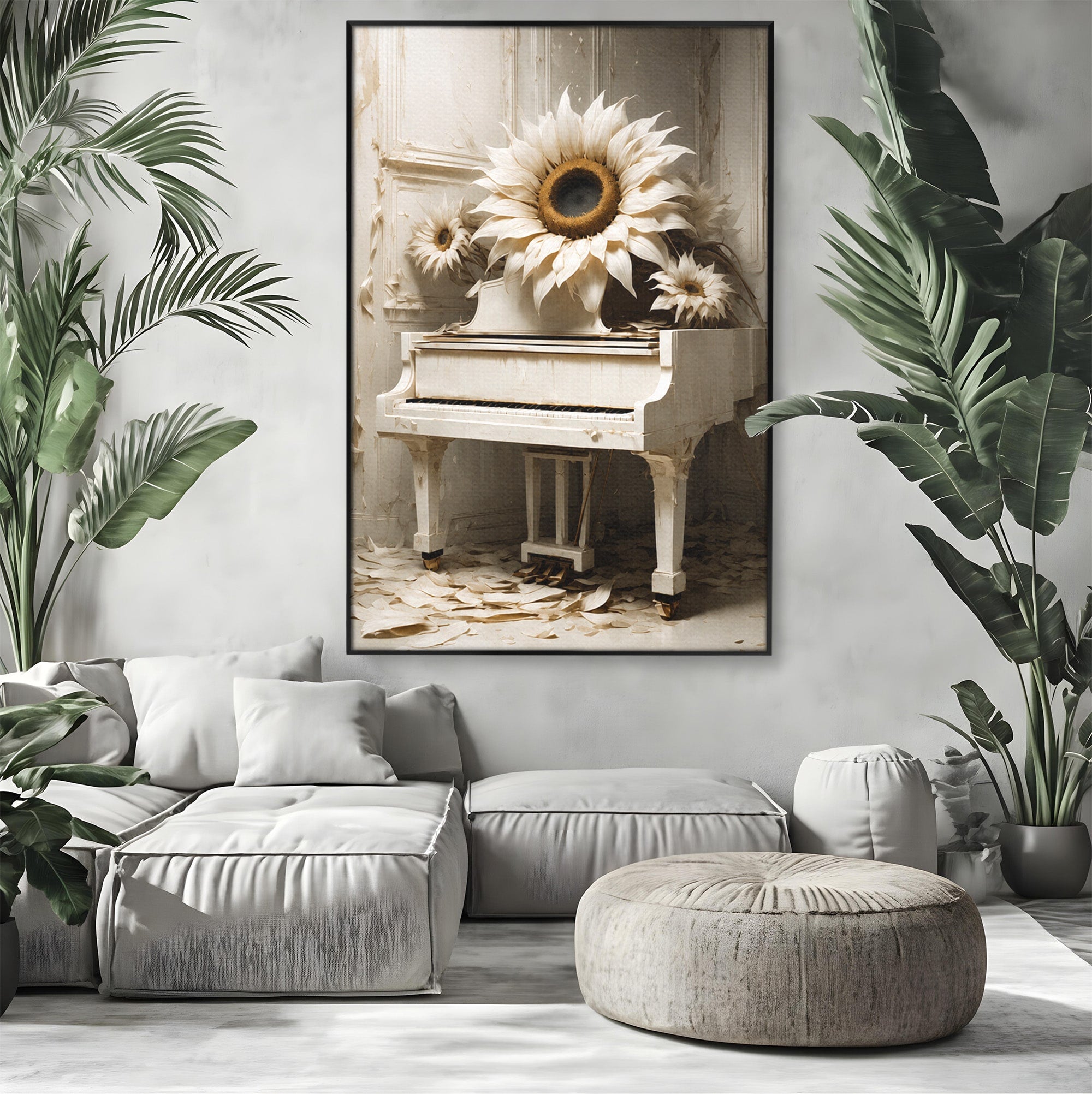 Tablou Canvas Premium LuxCanva® A1886, Pianul Cu Floarea Soarelui, Pian, Floarea Soarelui, Instrument Muzical, Floral, Living, Dormitor, Culori Vibrante
