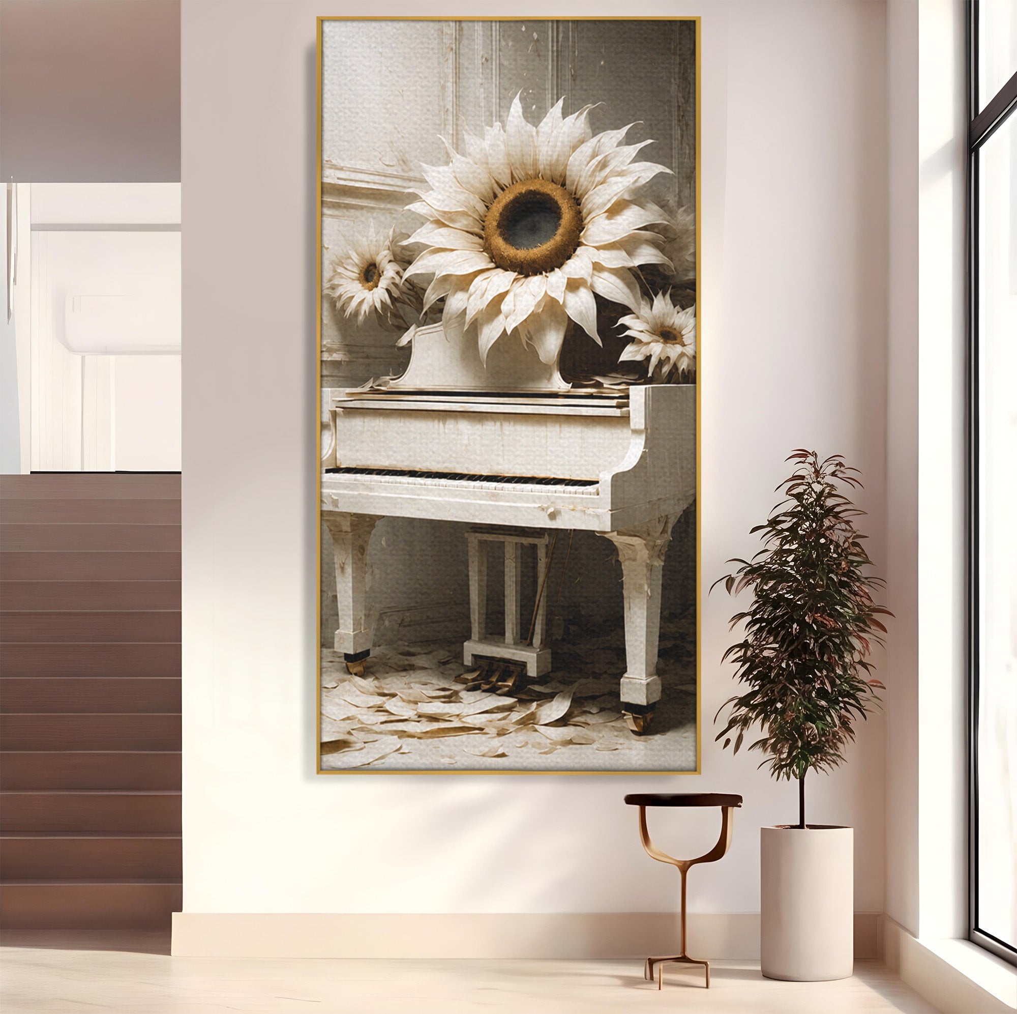Tablou Canvas Premium LuxCanva® A1886, Pianul Cu Floarea Soarelui, Pian, Floarea Soarelui, Instrument Muzical, Floral, Living, Dormitor, Culori Vibrante