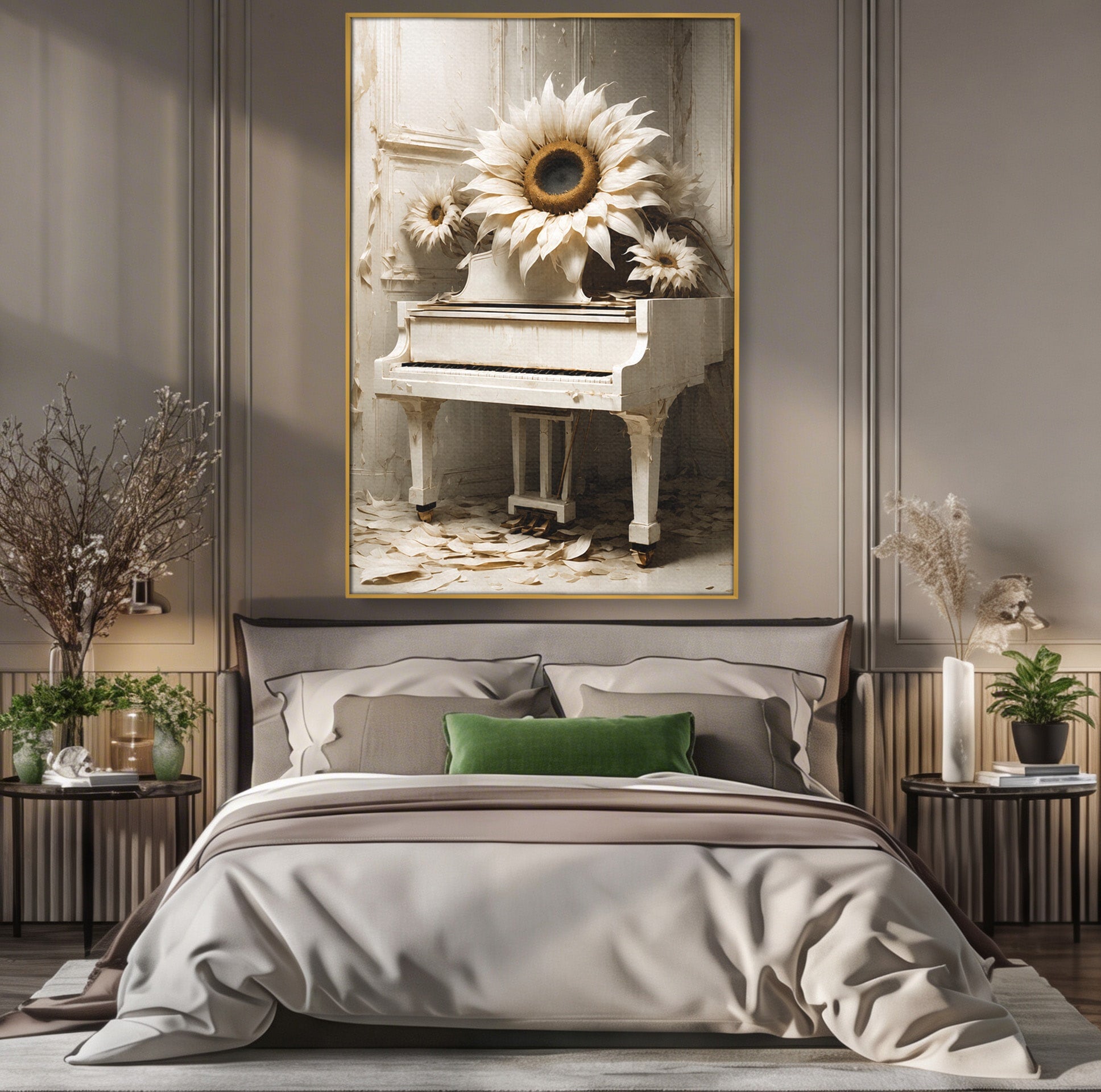 Tablou Canvas Premium LuxCanva® A1886, Pianul Cu Floarea Soarelui, Pian, Floarea Soarelui, Instrument Muzical, Floral, Living, Dormitor, Culori Vibrante