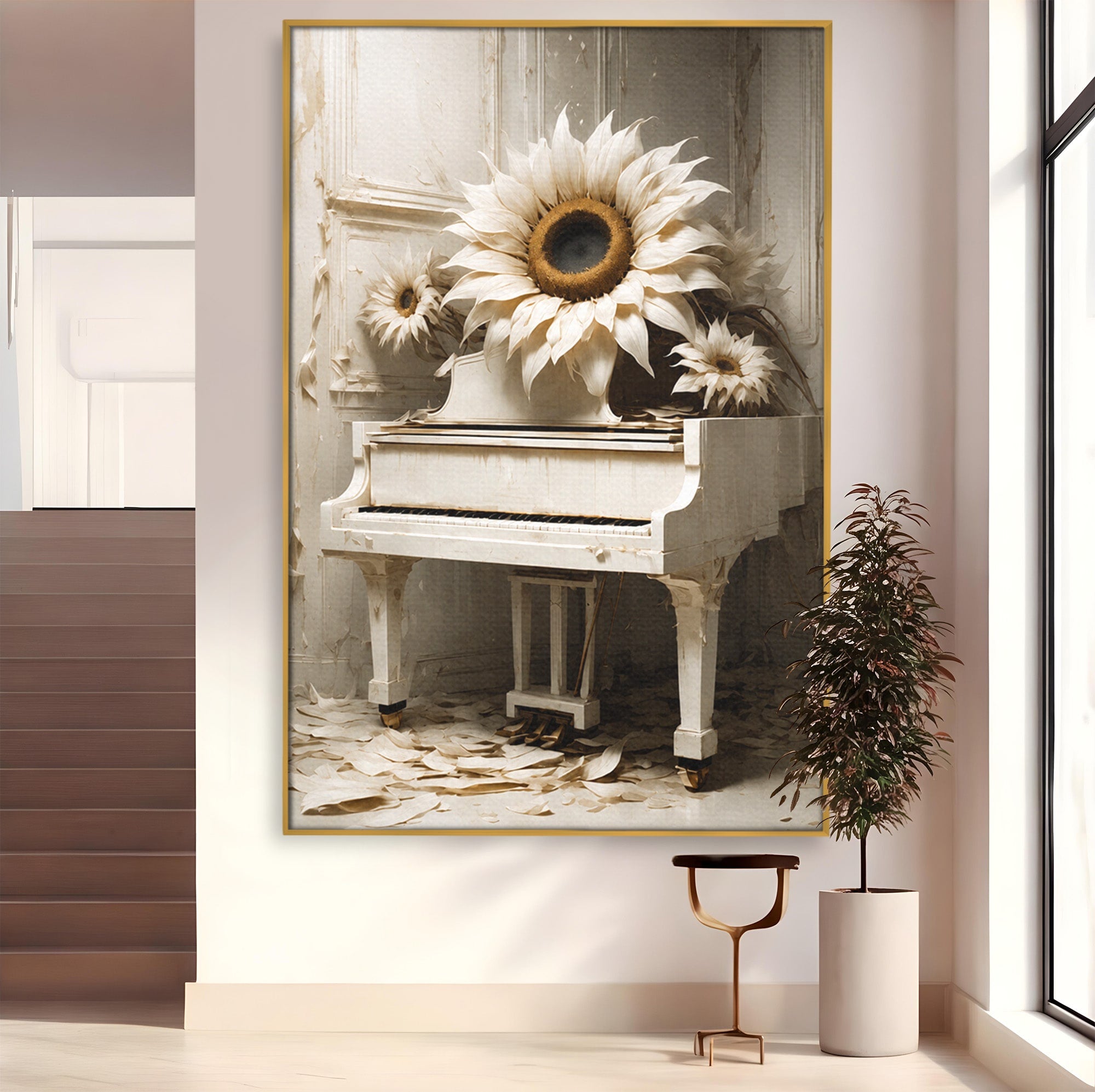 Tablou Canvas Premium LuxCanva® A1886, Pianul Cu Floarea Soarelui, Pian, Floarea Soarelui, Instrument Muzical, Floral, Living, Dormitor, Culori Vibrante