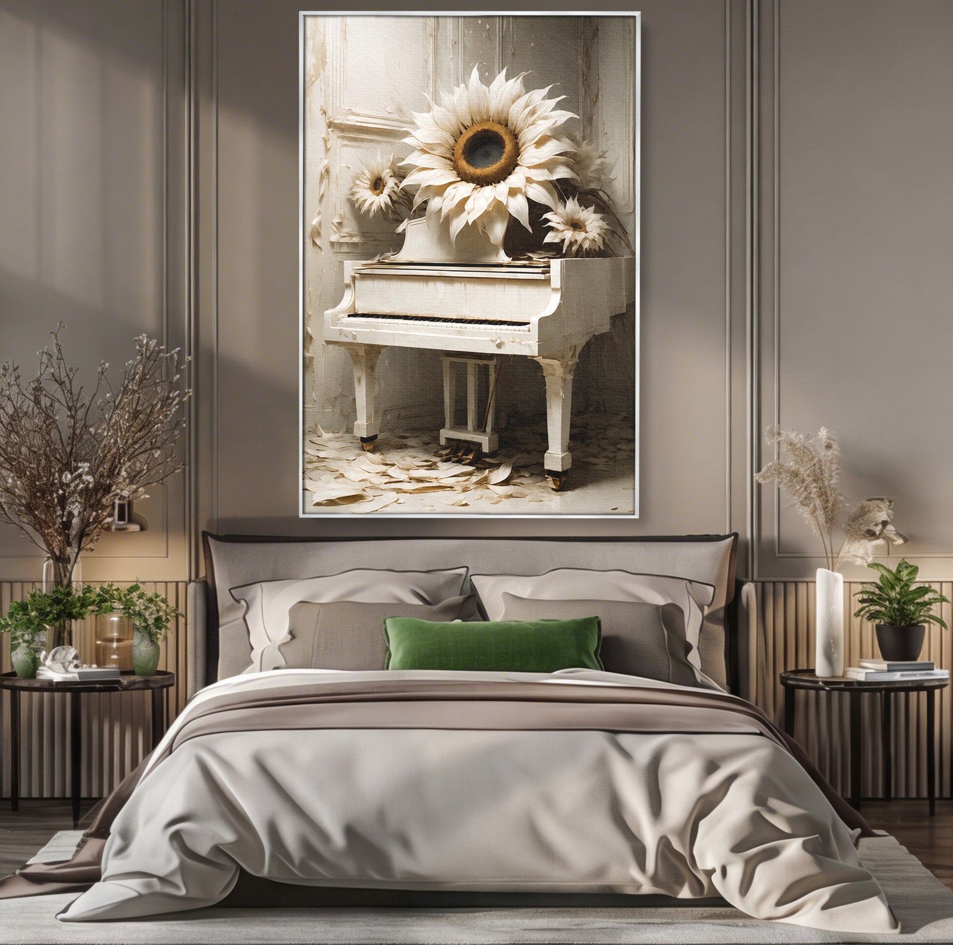 Tablou Canvas Premium LuxCanva® A1886, Pianul Cu Floarea Soarelui, Pian, Floarea Soarelui, Instrument Muzical, Floral, Living, Dormitor, Culori Vibrante