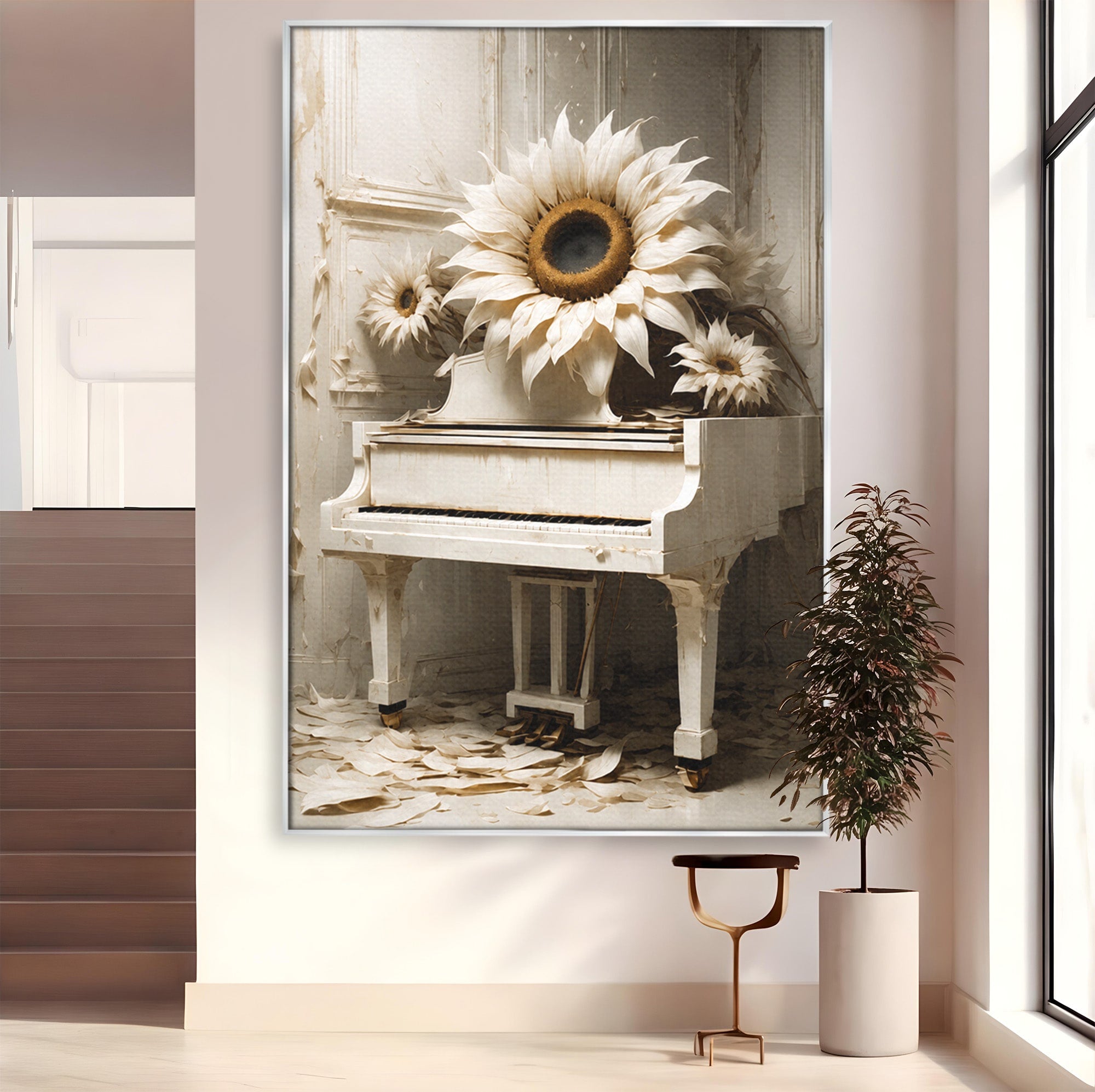 Tablou Canvas Premium LuxCanva® A1886, Pianul Cu Floarea Soarelui, Pian, Floarea Soarelui, Instrument Muzical, Floral, Living, Dormitor, Culori Vibrante