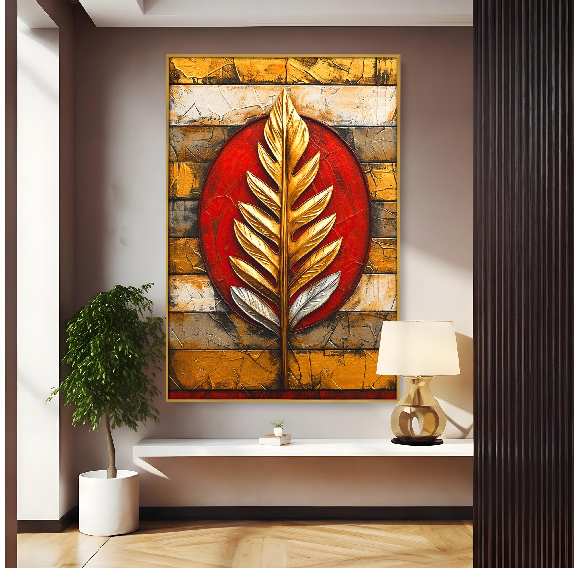 Tablou Canvas Premium LuxCanva® A1888, Frunza Aurie Abstracta, Frunza, Abstract, Arta Moderna, Living, Birou, Culori Vibrante