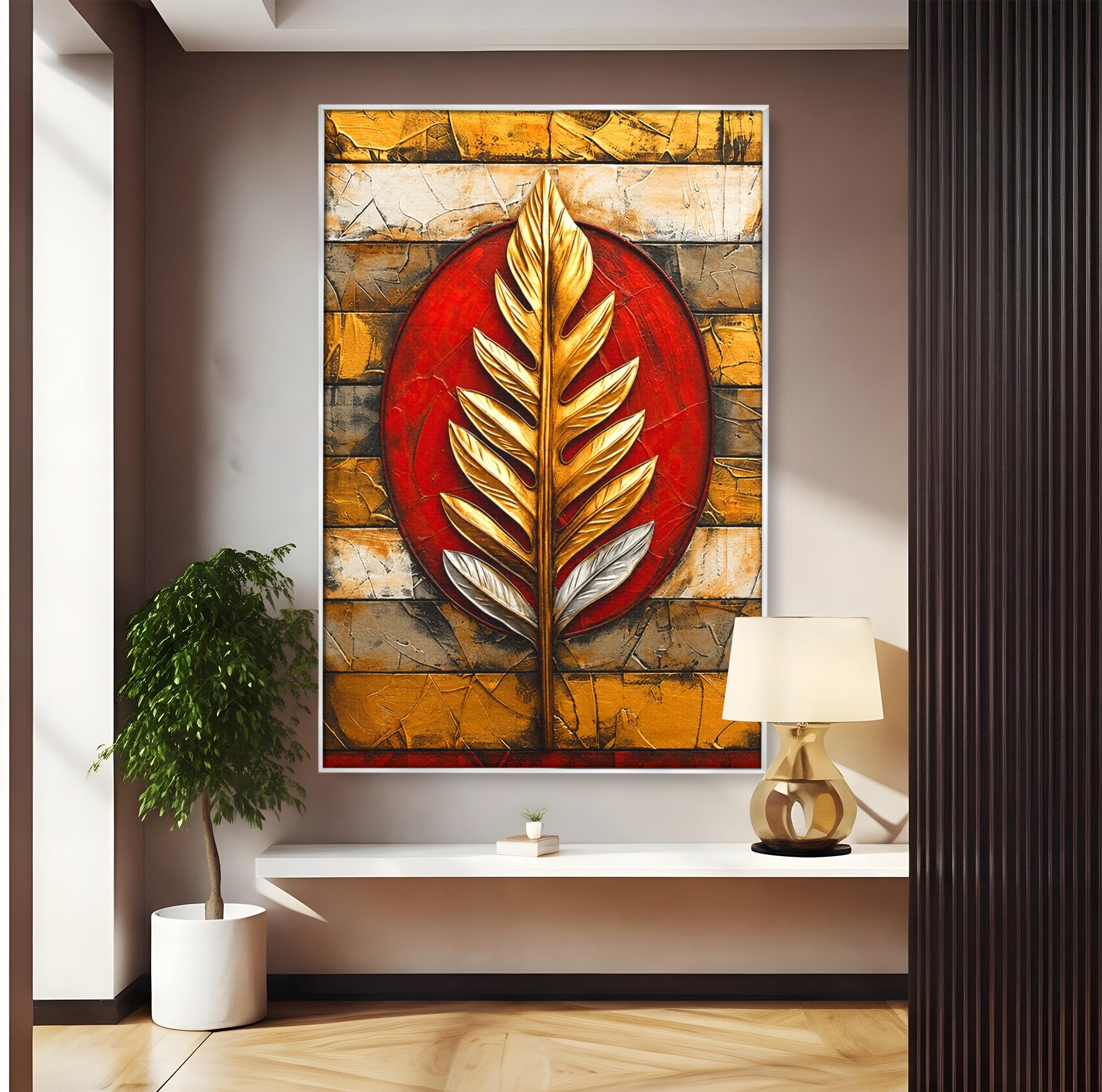 Tablou Canvas Premium LuxCanva® A1888, Frunza Aurie Abstracta, Frunza, Abstract, Arta Moderna, Living, Birou, Culori Vibrante