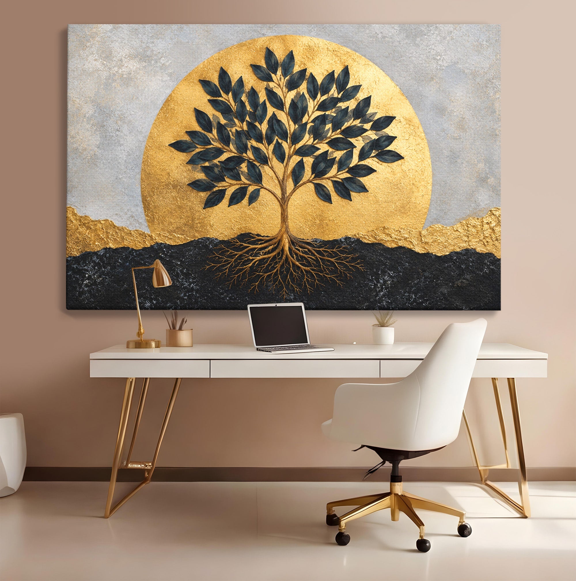 Tablou Canvas Premium LuxCanva® A1892, Arborele Vietii Auriu, Arbore, Viata, Abstract, Eleganta, Living, Culori Vibrante