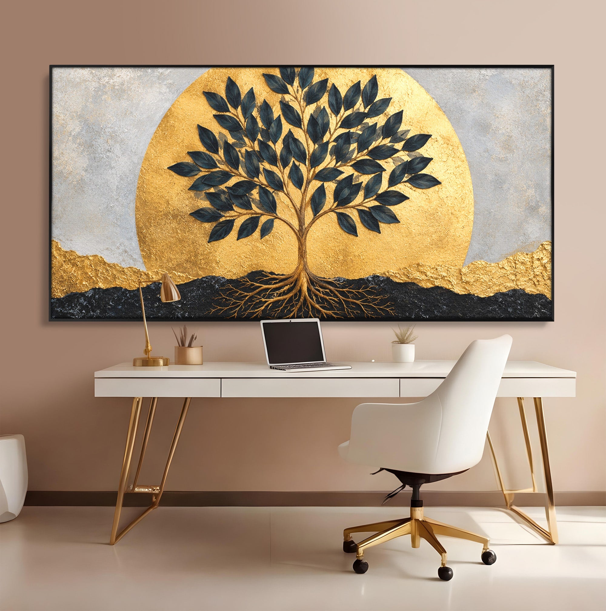 Tablou Canvas Premium LuxCanva® A1892, Arborele Vietii Auriu, Arbore, Viata, Abstract, Eleganta, Living, Culori Vibrante