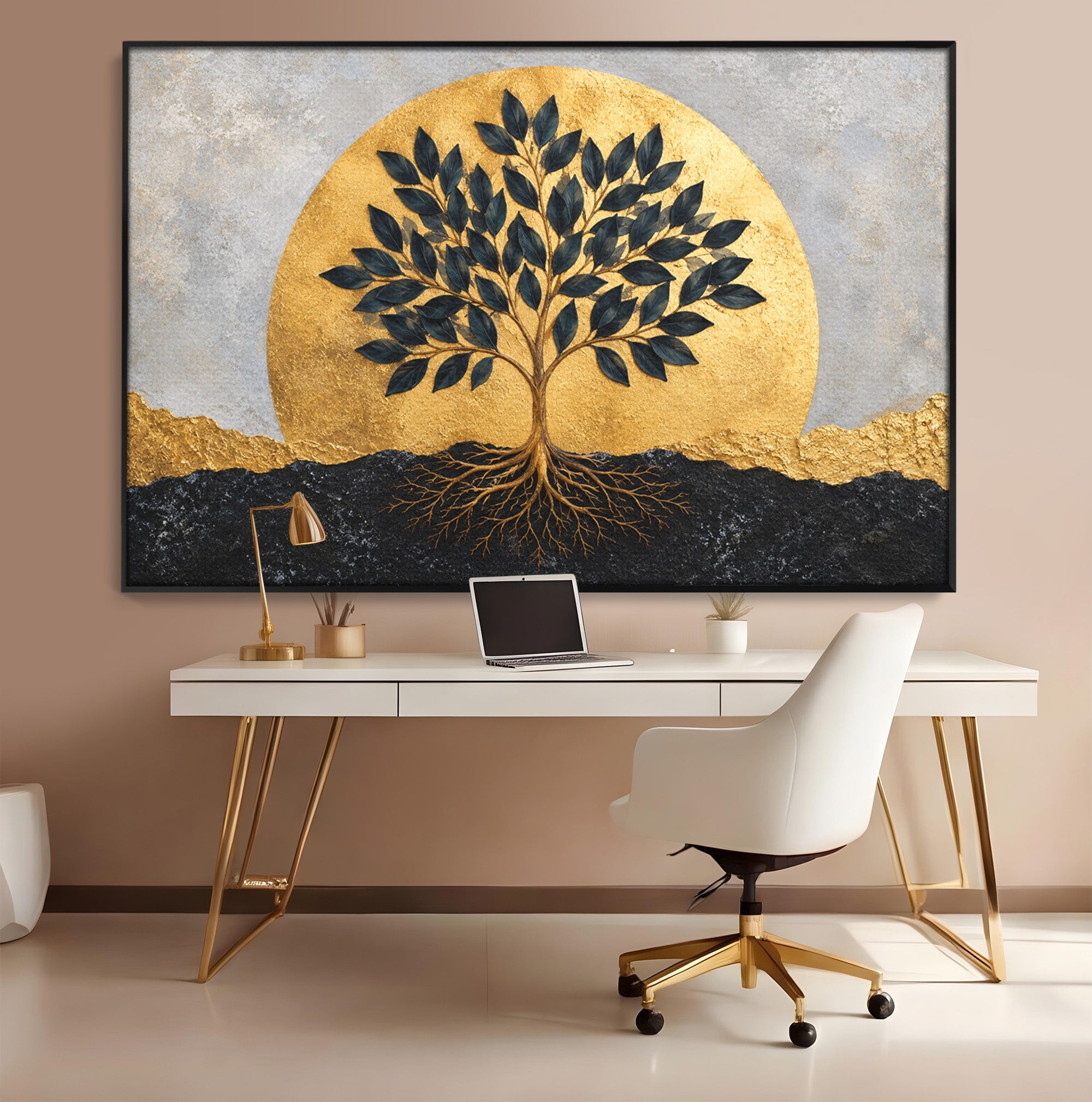 Tablou Canvas Premium LuxCanva® A1892, Arborele Vietii Auriu, Arbore, Viata, Abstract, Eleganta, Living, Culori Vibrante