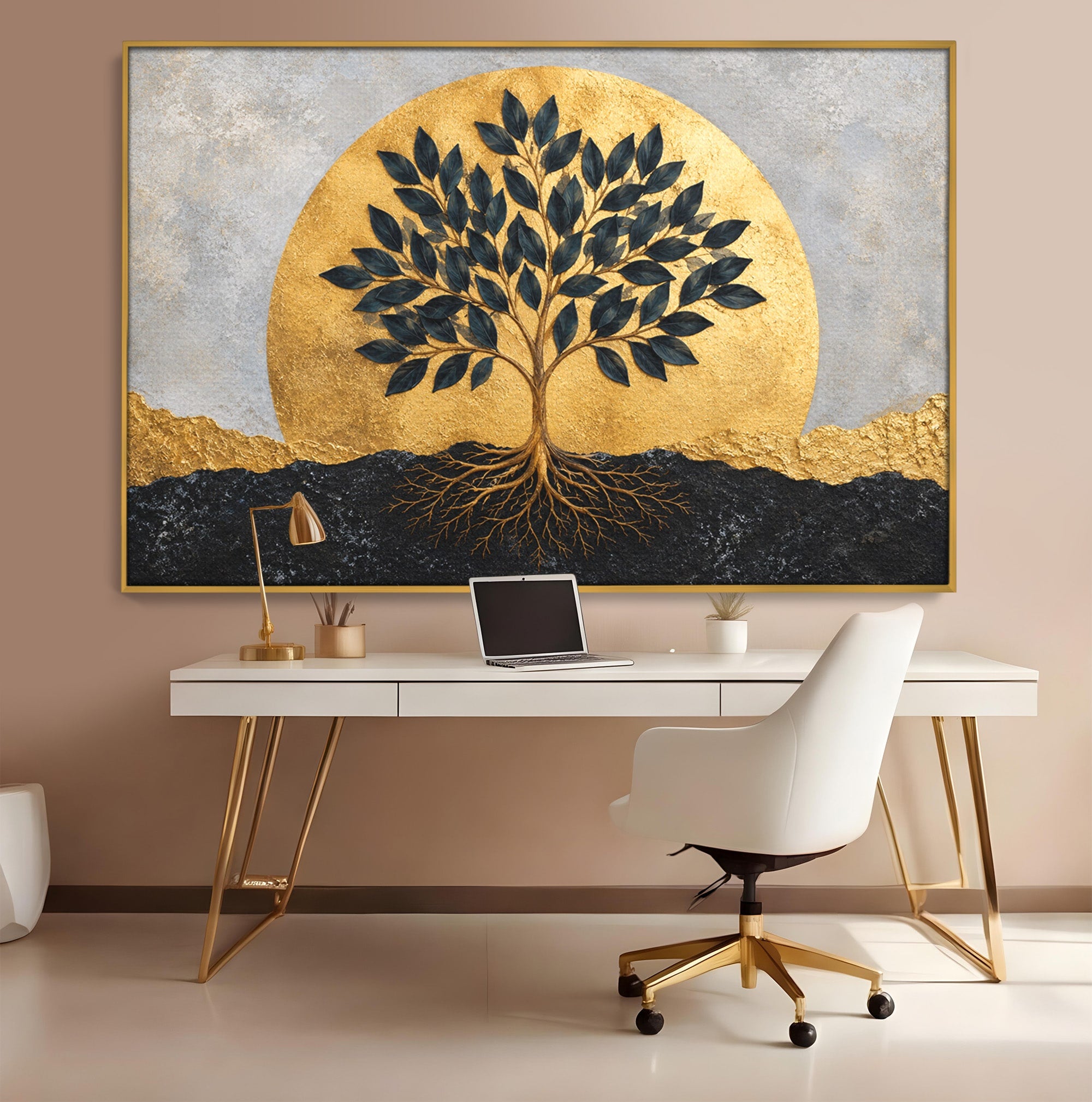 Tablou Canvas Premium LuxCanva® A1892, Arborele Vietii Auriu, Arbore, Viata, Abstract, Eleganta, Living, Culori Vibrante