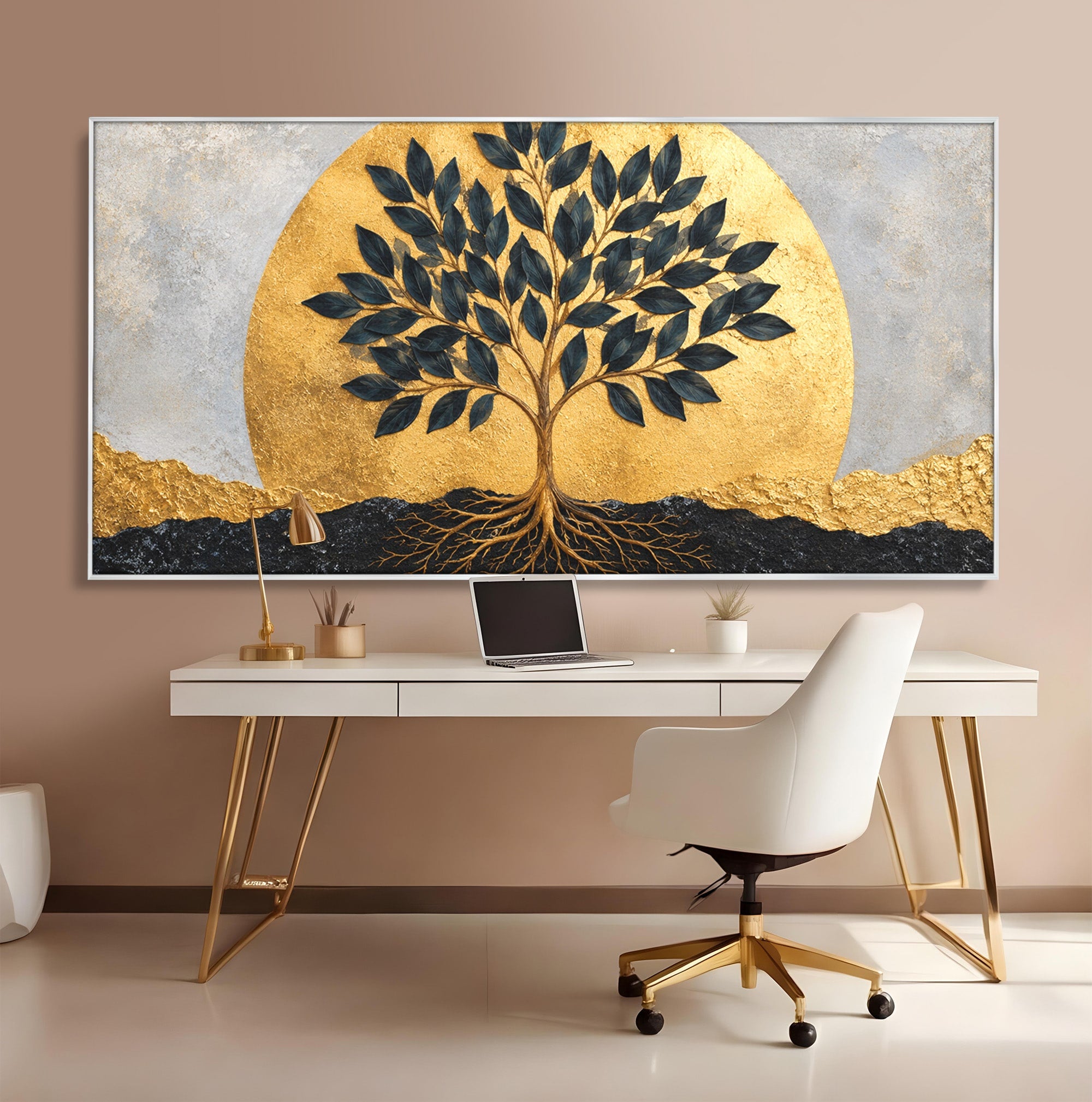 Tablou Canvas Premium LuxCanva® A1892, Arborele Vietii Auriu, Arbore, Viata, Abstract, Eleganta, Living, Culori Vibrante
