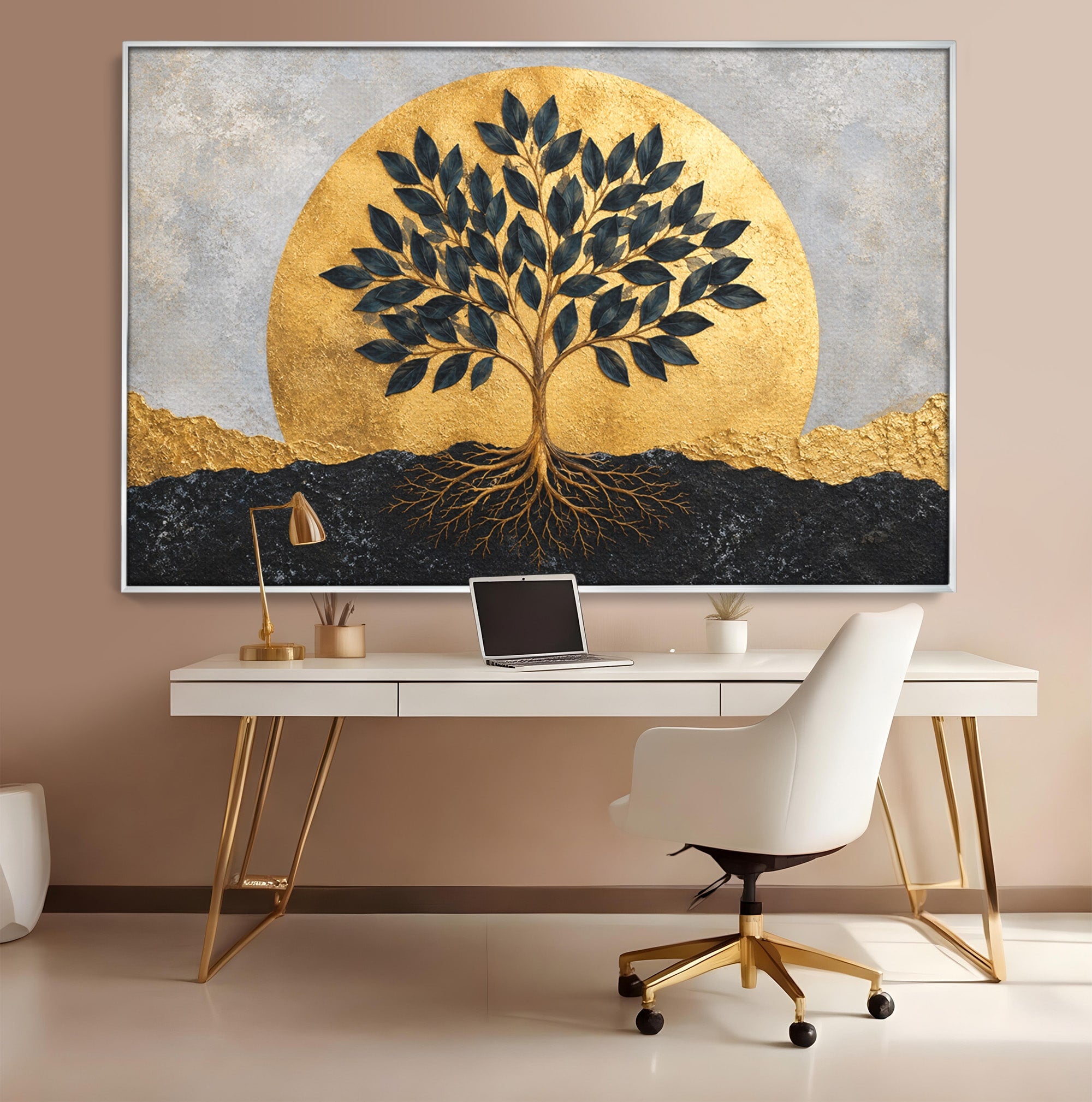 Tablou Canvas Premium LuxCanva® A1892, Arborele Vietii Auriu, Arbore, Viata, Abstract, Eleganta, Living, Culori Vibrante
