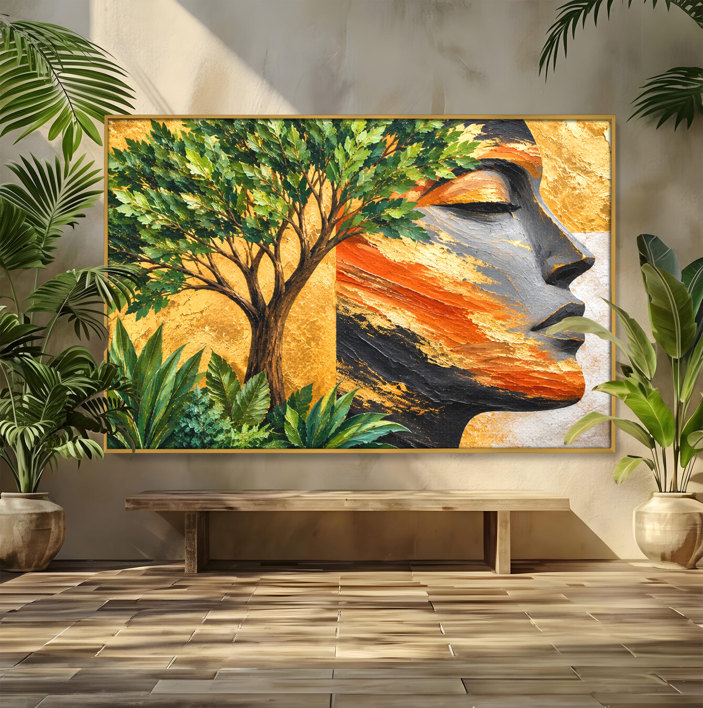 Tablou Canvas Premium LuxCanva® A1898, Portretul Naturii Aurii, Portret, Natura, Arbore, Contemplare, Living, Culori Vibrante