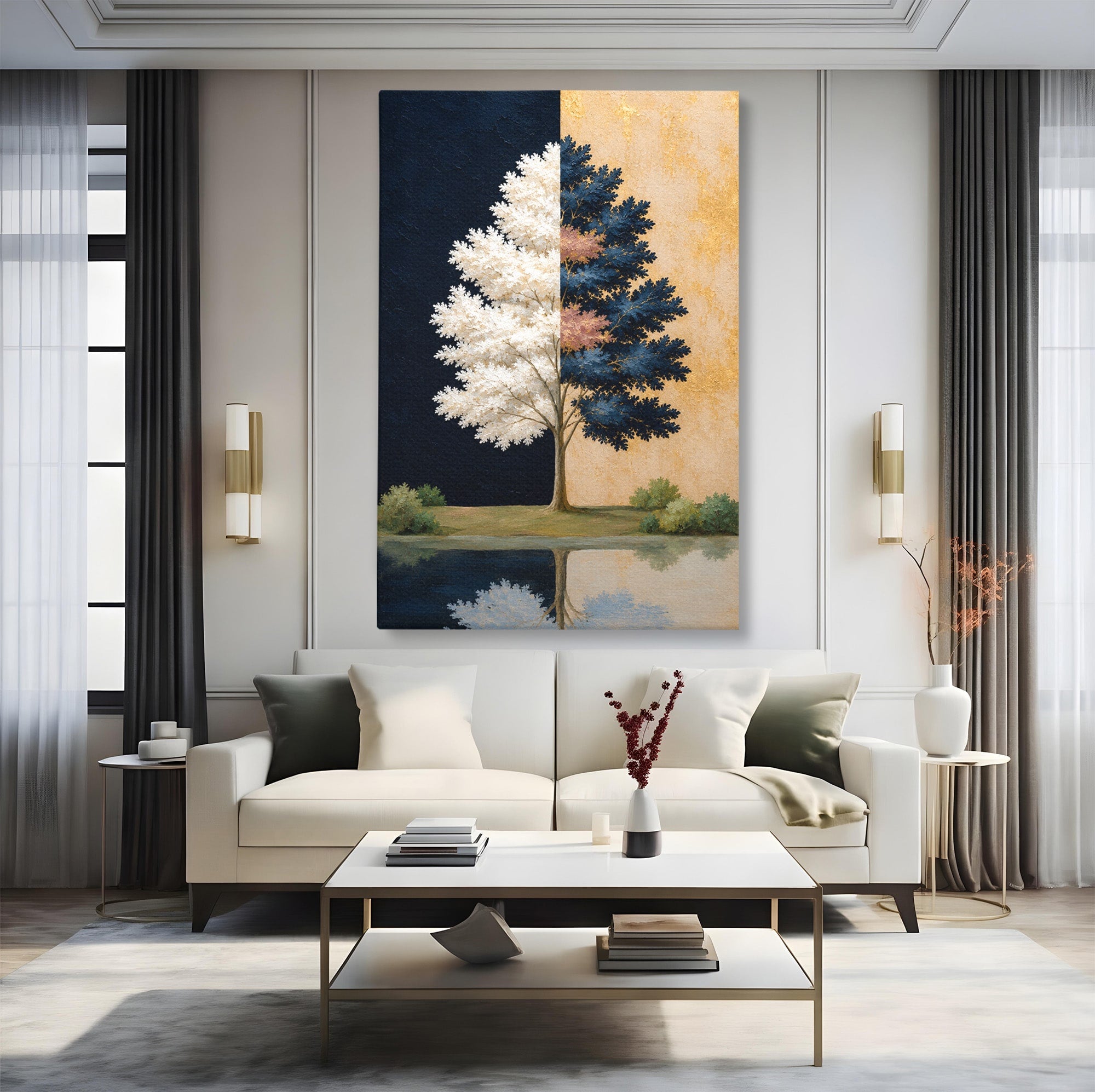 Tablou Canvas Premium LuxCanva® A1900, Copacul Dualitatii, Copac, Reflectie, Dualitate, Natura, Living, Culori Vibrante