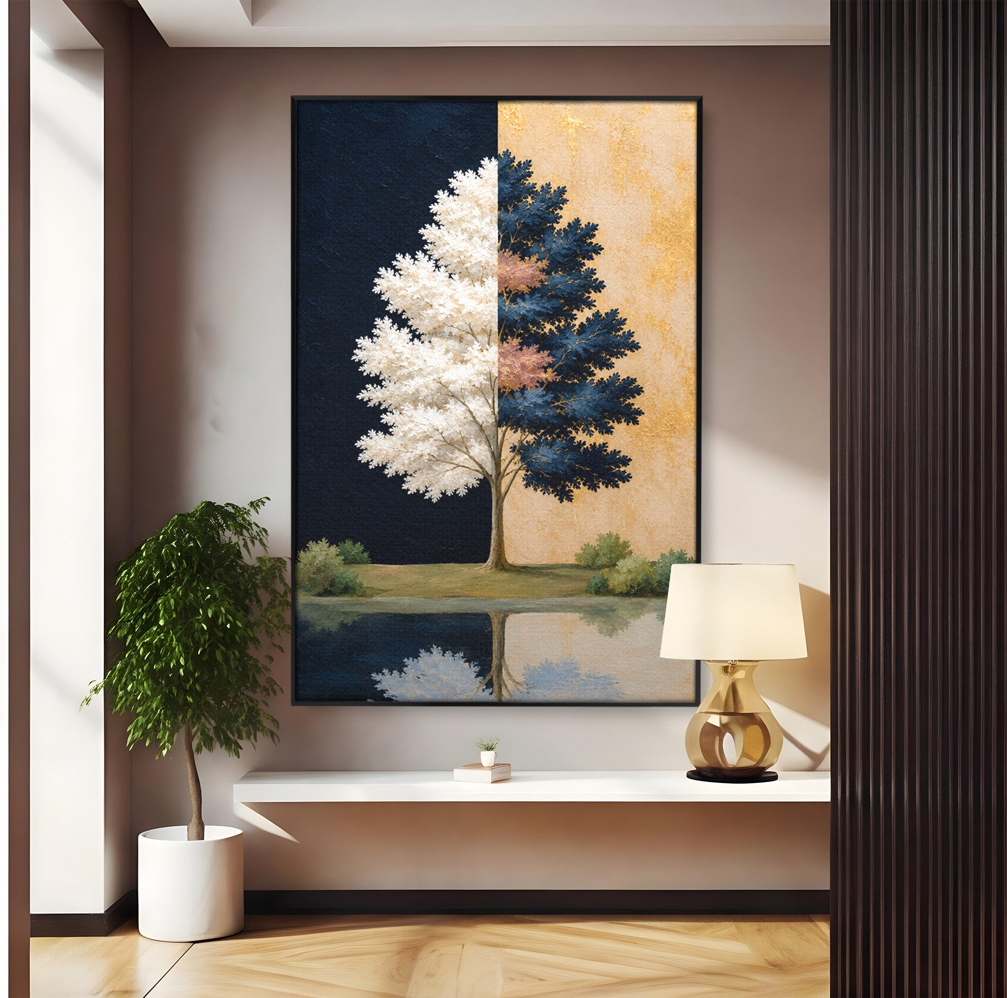 Tablou Canvas Premium LuxCanva® A1900, Copacul Dualitatii, Copac, Reflectie, Dualitate, Natura, Living, Culori Vibrante