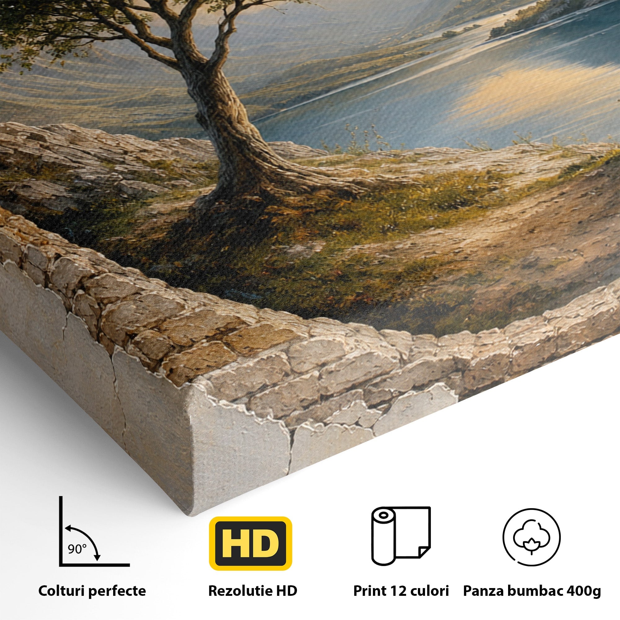 Tablou Canvas Premium LuxCanva® A1901, Fereastra Spre Natura, Peisaj, Copac, Lac, Munti, Living, Culori Vibrante