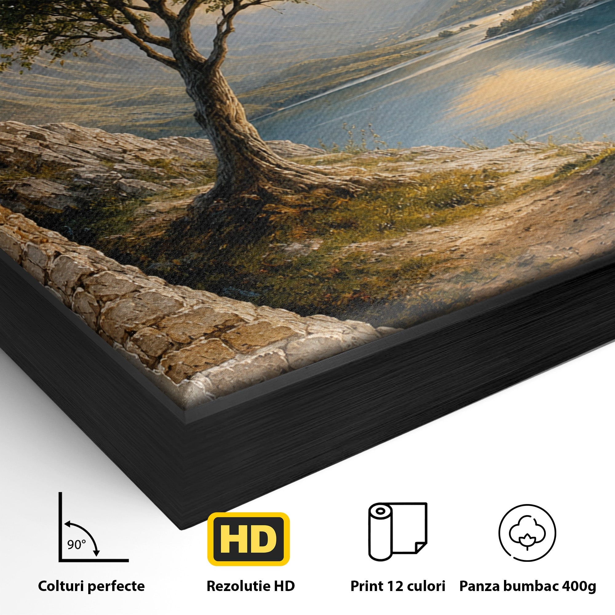 Tablou Canvas Premium LuxCanva® A1901, Fereastra Spre Natura, Peisaj, Copac, Lac, Munti, Living, Culori Vibrante