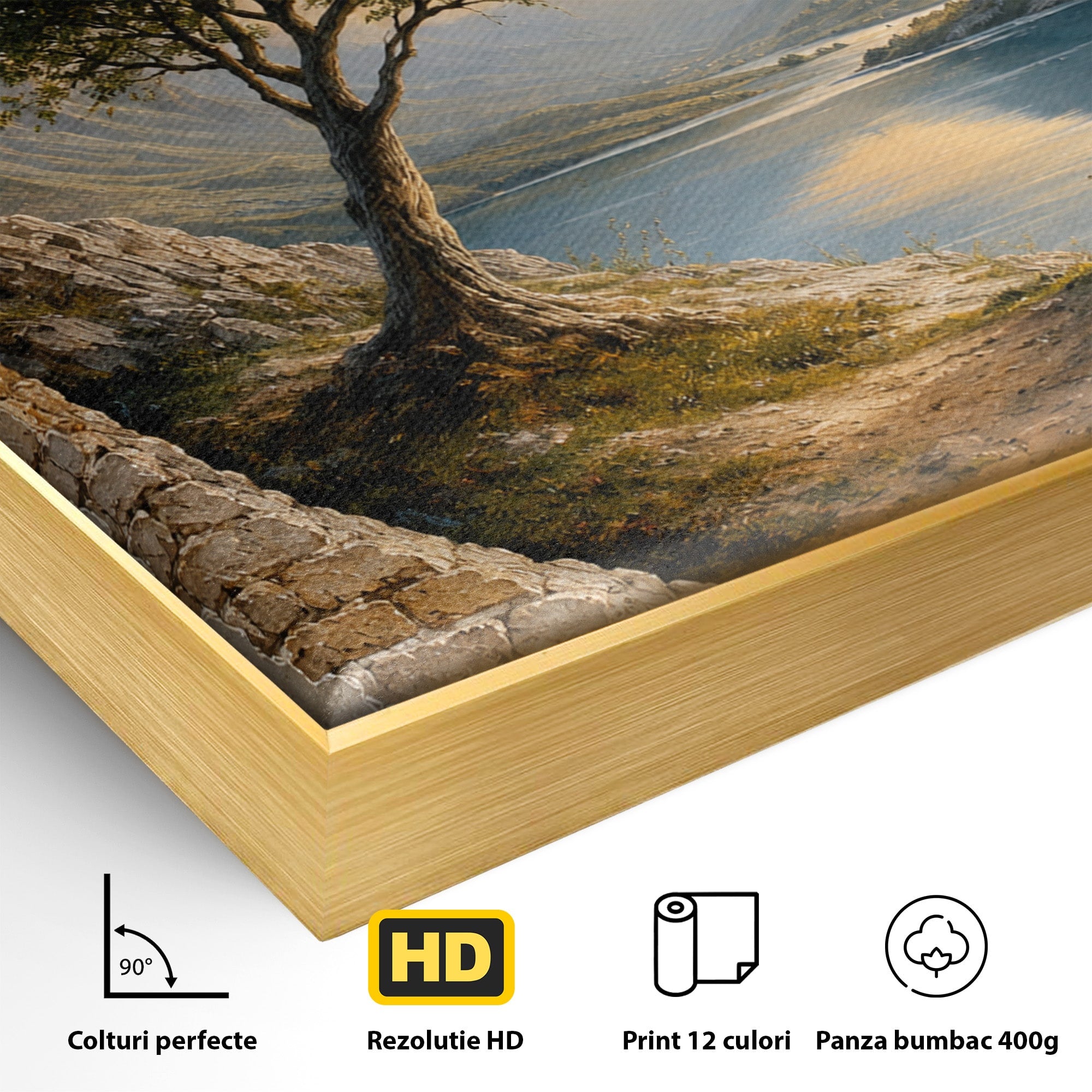 Tablou Canvas Premium LuxCanva® A1901, Fereastra Spre Natura, Peisaj, Copac, Lac, Munti, Living, Culori Vibrante