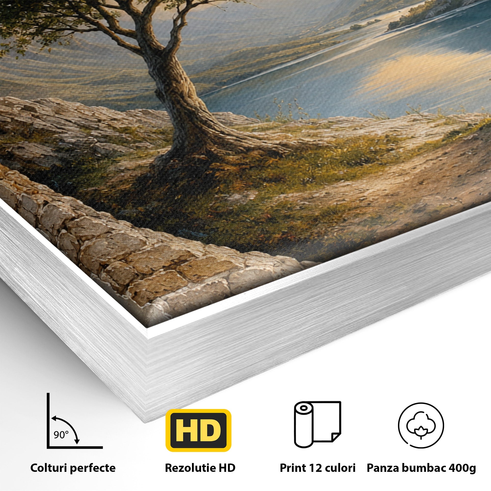 Tablou Canvas Premium LuxCanva® A1901, Fereastra Spre Natura, Peisaj, Copac, Lac, Munti, Living, Culori Vibrante