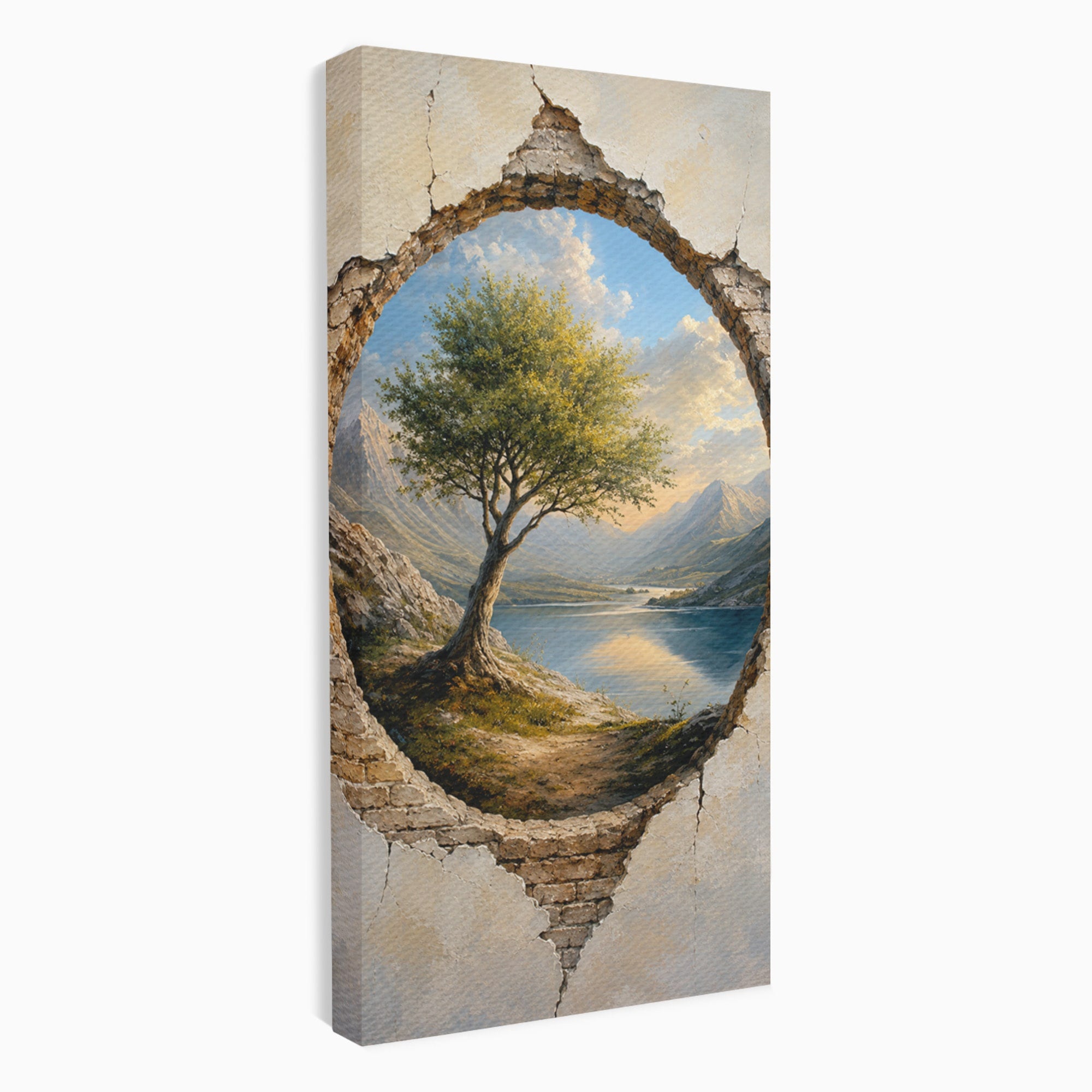 Tablou Canvas Premium LuxCanva® A1901, Fereastra Spre Natura, Peisaj, Copac, Lac, Munti, Living, Culori Vibrante