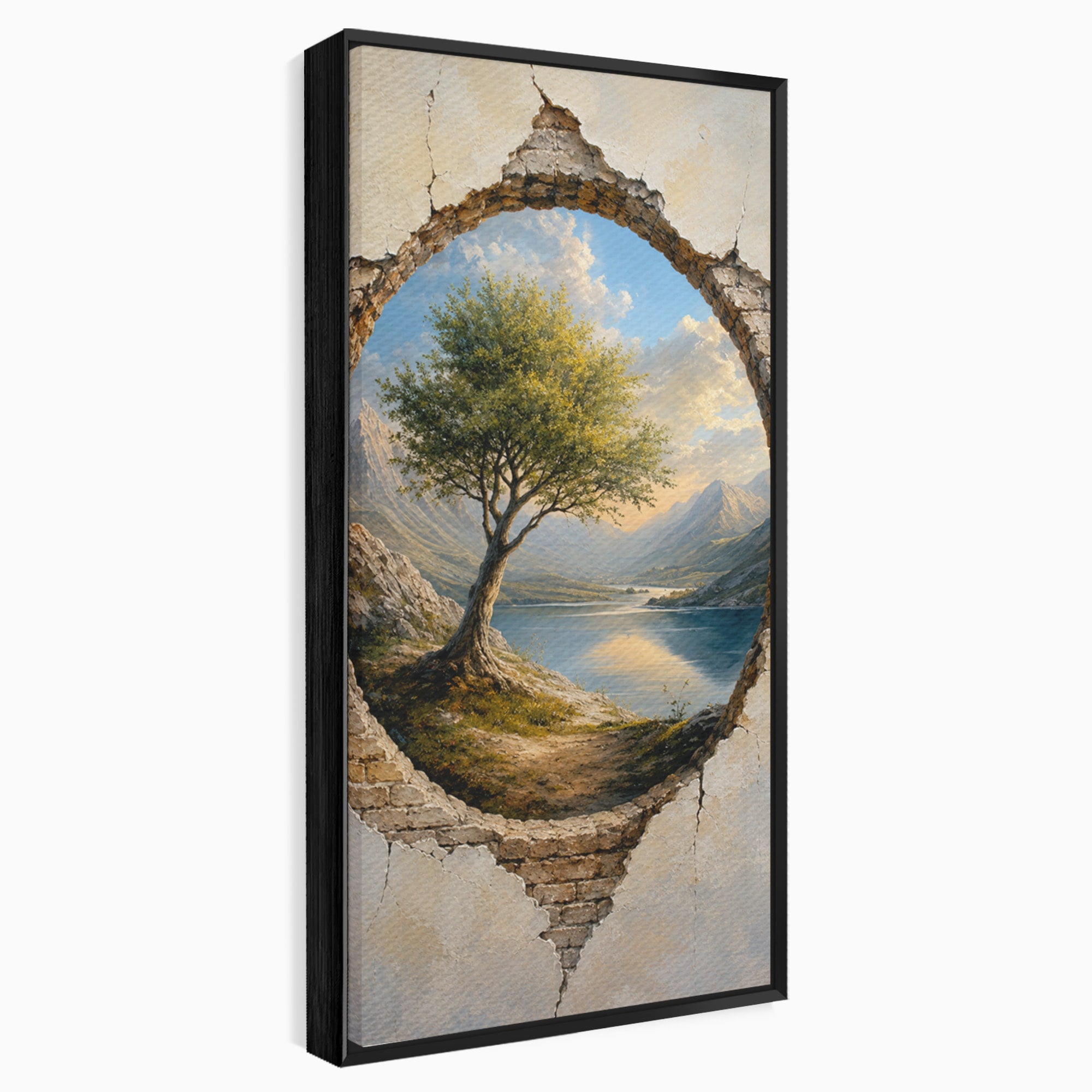 Tablou Canvas Premium LuxCanva® A1901, Fereastra Spre Natura, Peisaj, Copac, Lac, Munti, Living, Culori Vibrante